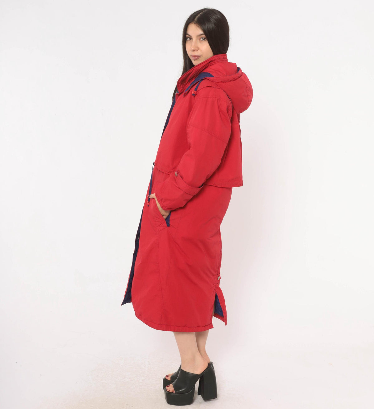 80s Red Duck Down Parka Long Hooded Coat Navy Trim Small S