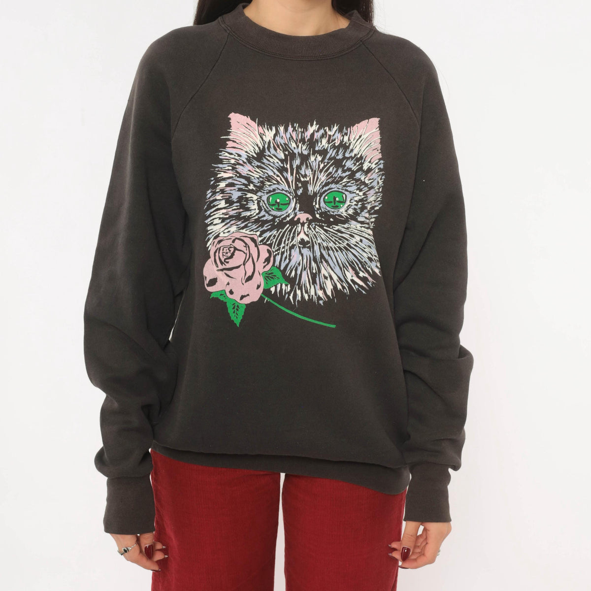 90s Fruit Of The Loom Cat Rose Raglan Sweatshirt Faded Black Large L