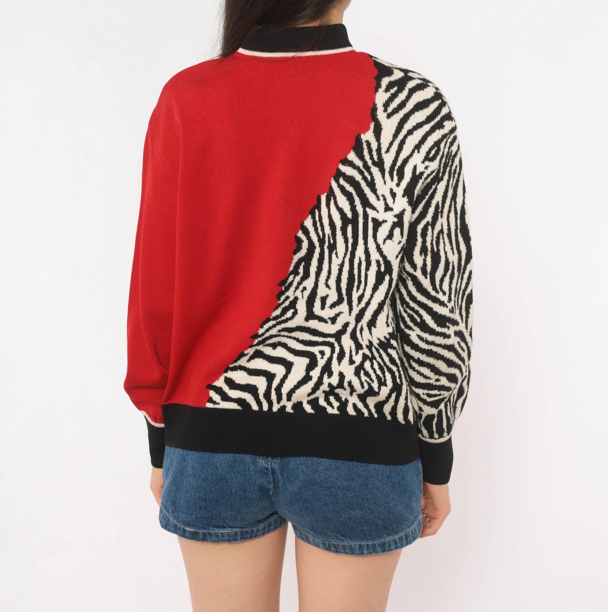 80s St. John Zebra Knit Pullover Red Black Color Block Wool Blend Medium M