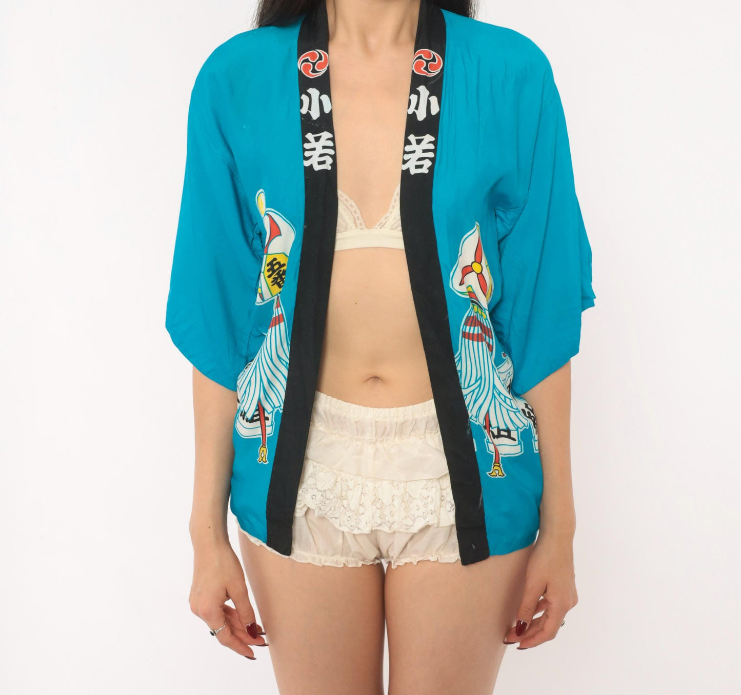 90s Japanese Festival Happi Coat Teal Matsuri Kanji Pinwheel Lantern Open Front Extra Small