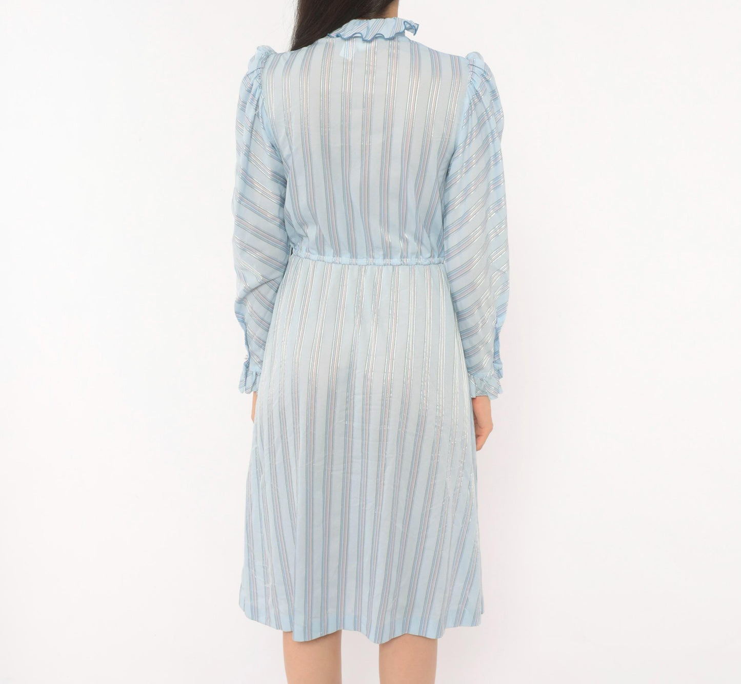 80s Jerri Gee Striped Puff Sleeve Dress Pearl Buttons Ruffled Collar Sky Blue Small