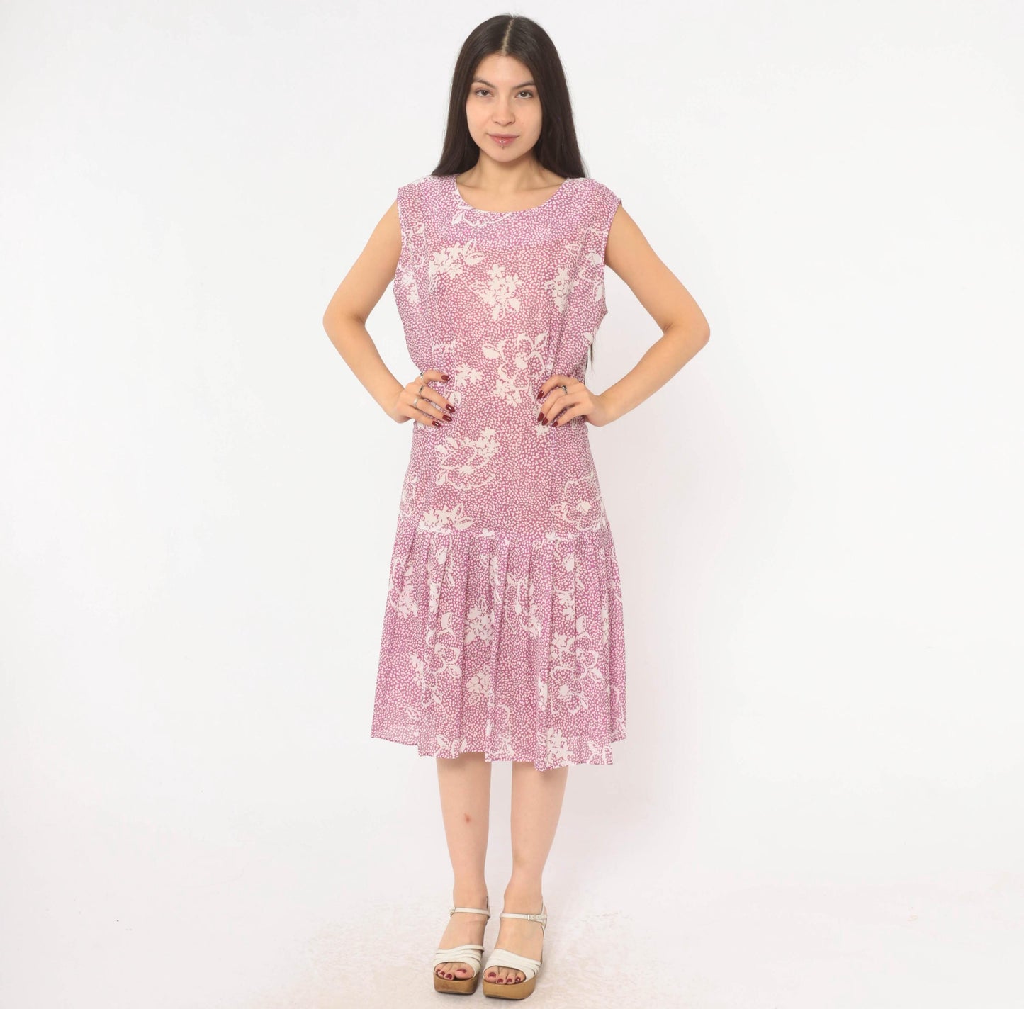 80s California Looks Floral Drop Waist Dress Purple White Knee Length XL