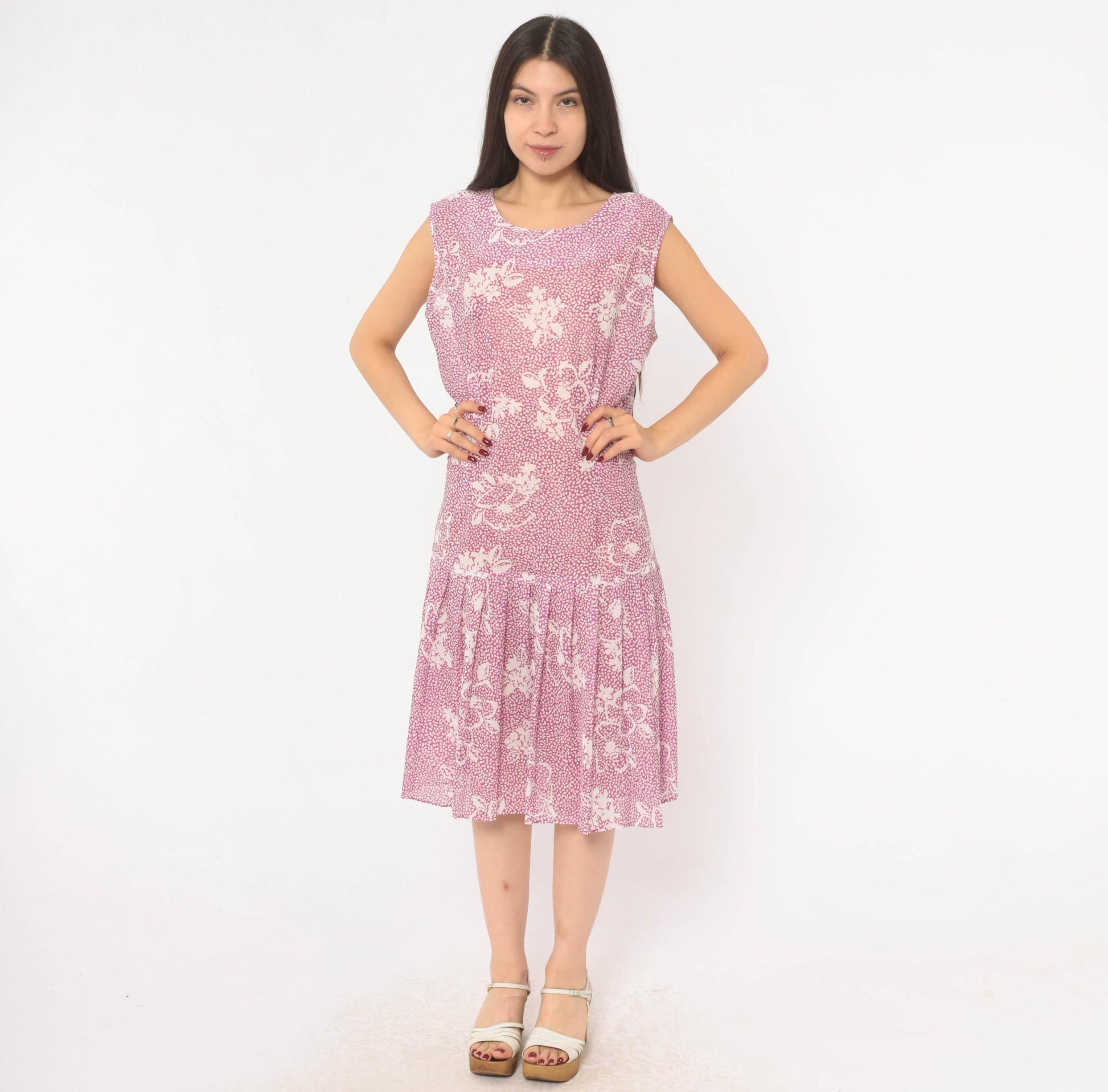 80s California Looks Floral Drop Waist Dress Purple White Knee Length XL