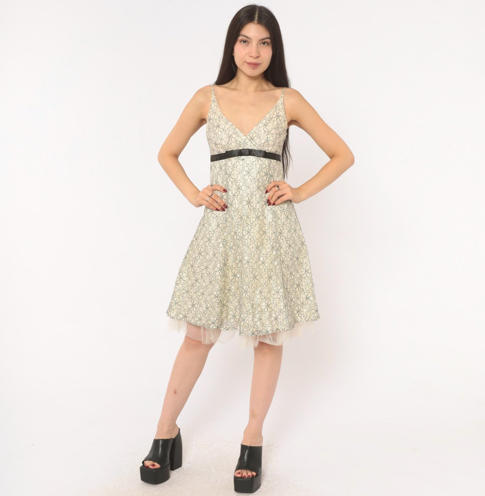 Y2K Intrigue Lace Floral Sundress Cream Black Satin Ribbon Empire Waist Extra Small XS
