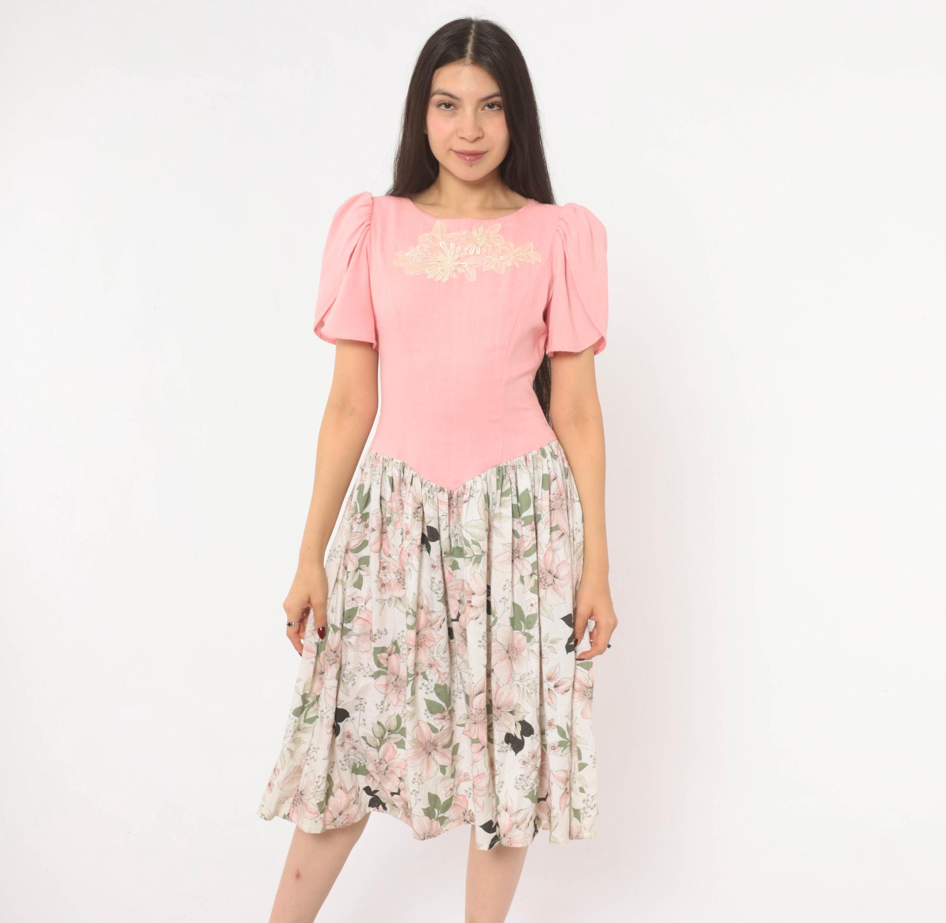 80s Pink Floral Puff Sleeve Dress Bow Back Drop Waist Cotton Small