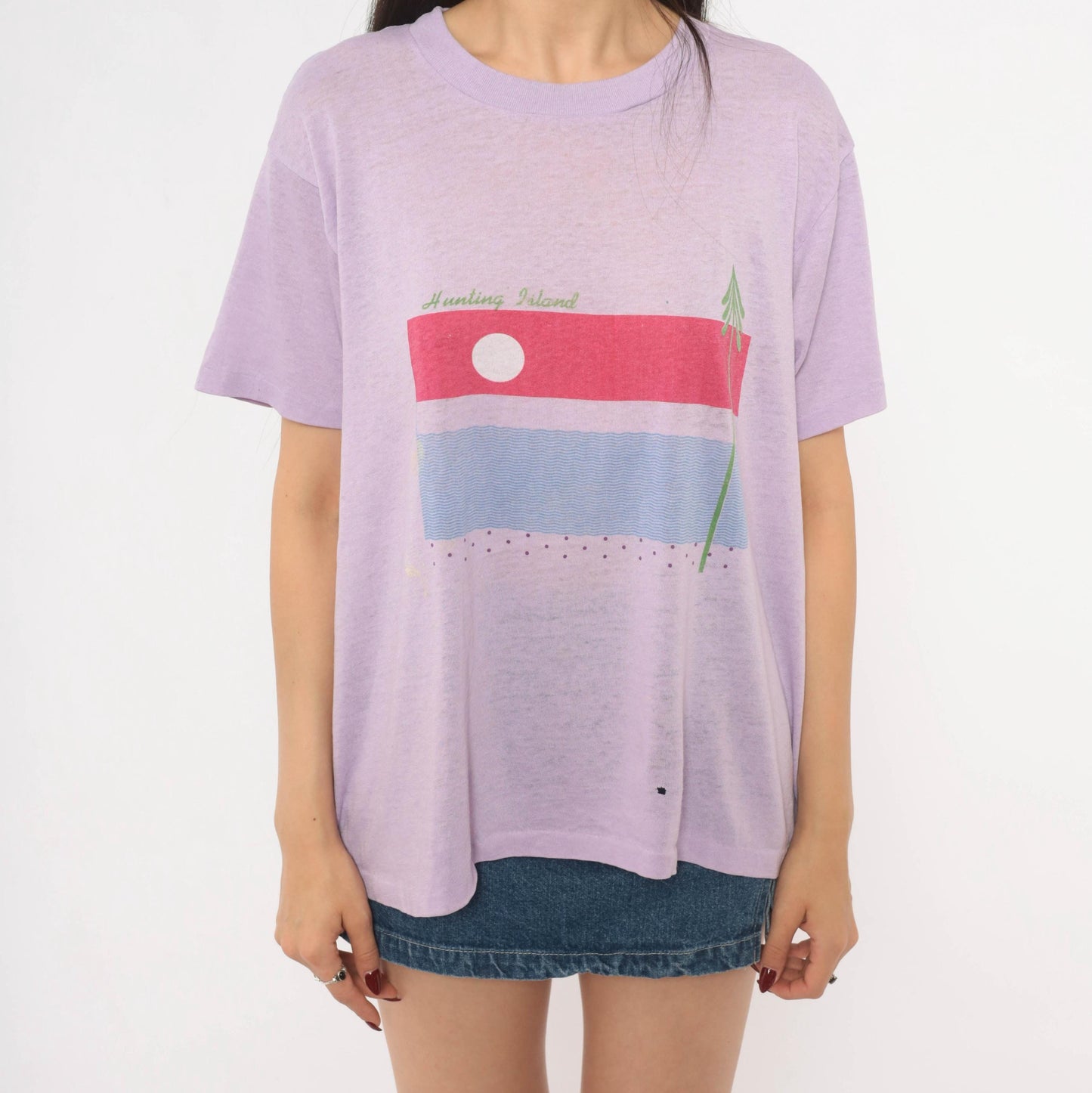 80s Hunting Island Graphic Tee Lilac Purple Sunset Beach Cotton Extra Large XL