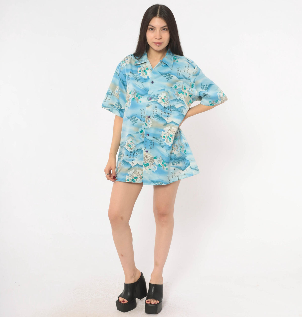 90s Mark Raysten Camp Collar Shirt Japanese Landscape Sky Blue Large L