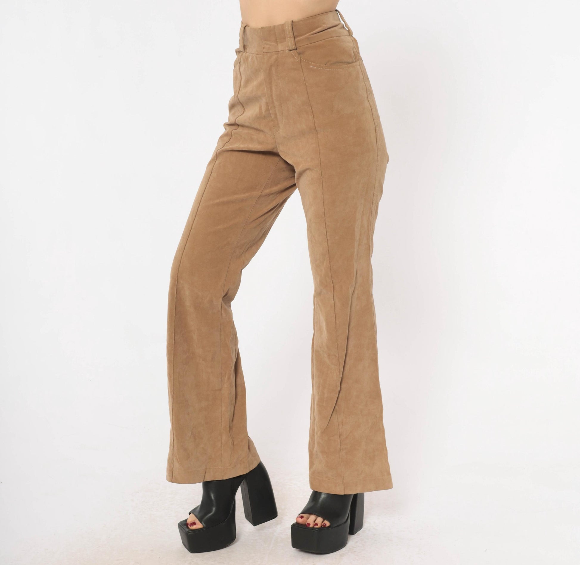 80s Lew Magram Faux Suede Flare Pants Tan High Waist Bell Bottom Small S