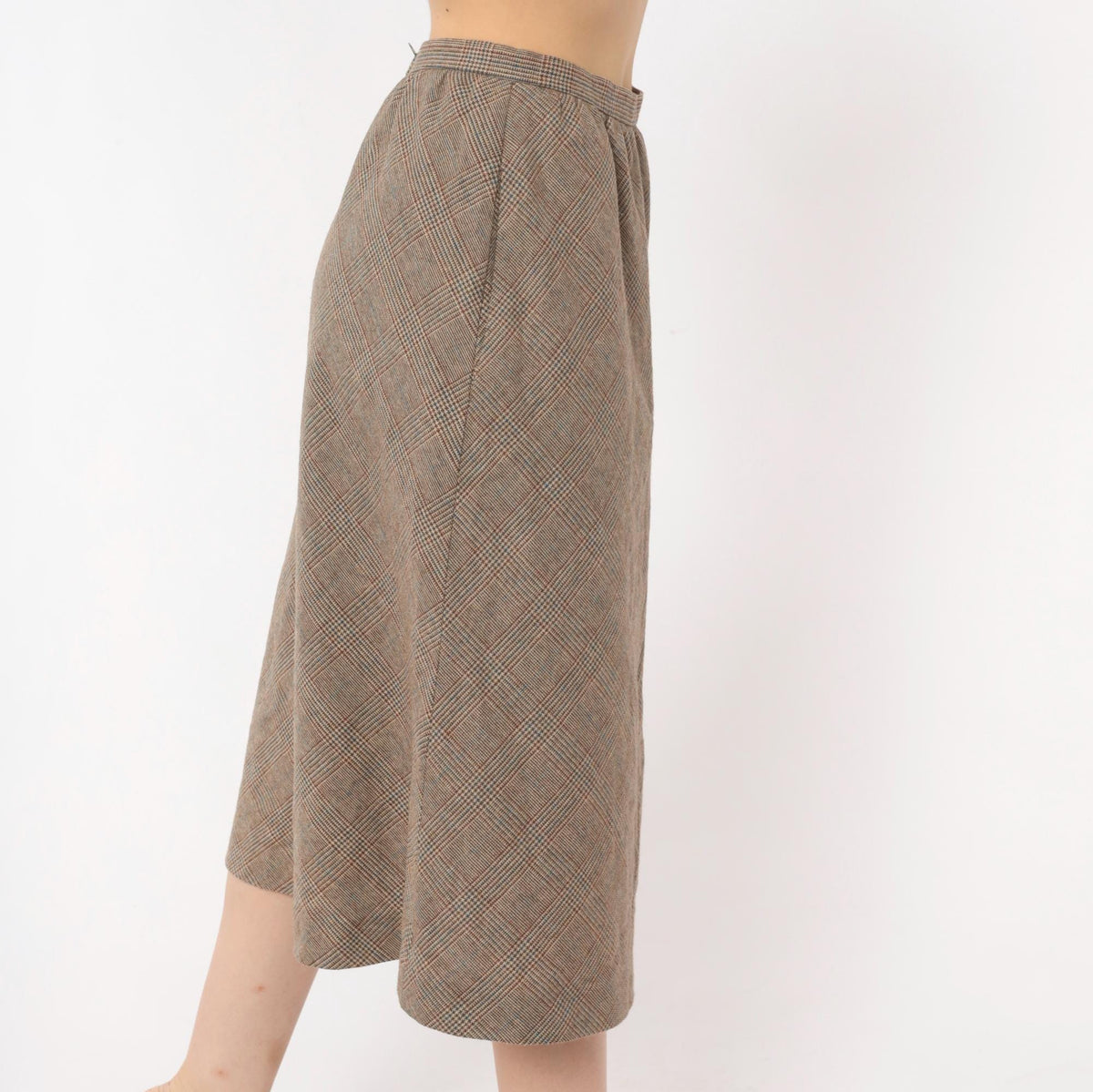 1970s Glen Plaid Wool A-Line Midi Skirt Brown Tan Check Extra Small XS