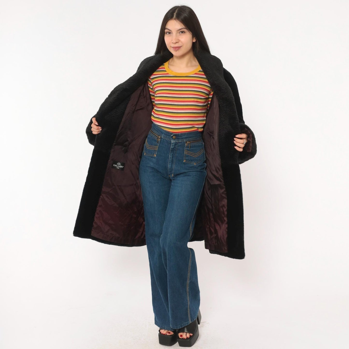 70s Gallery Black Faux Fur Coat Astrakhan Collar Knee-Length Extra Large XL