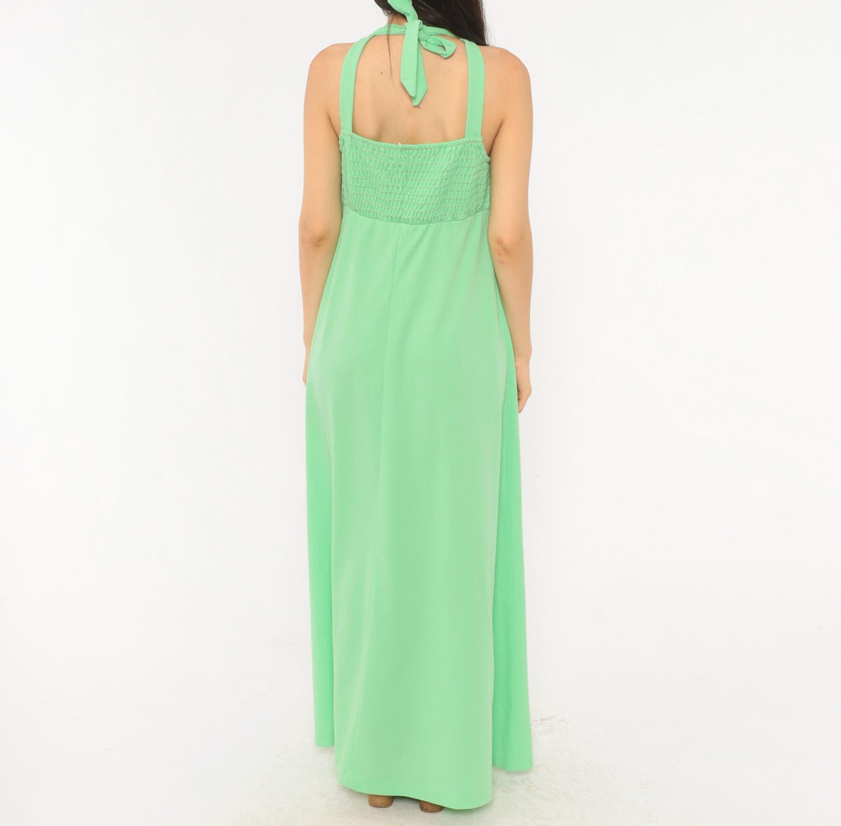 70s Mint Green Halter Maxi Dress Empire Waist Smocked Bodice Open Back Medium