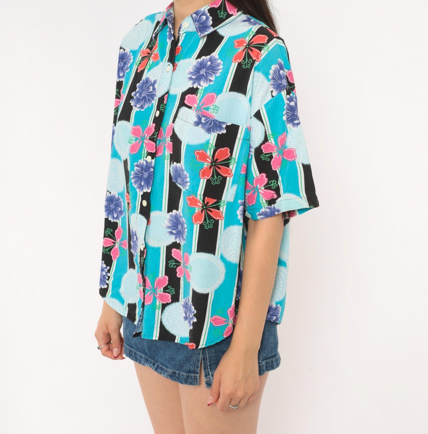 90s Justin Allen Chemise Floral Button Shirt Turquoise Chrysanthemum Medium M