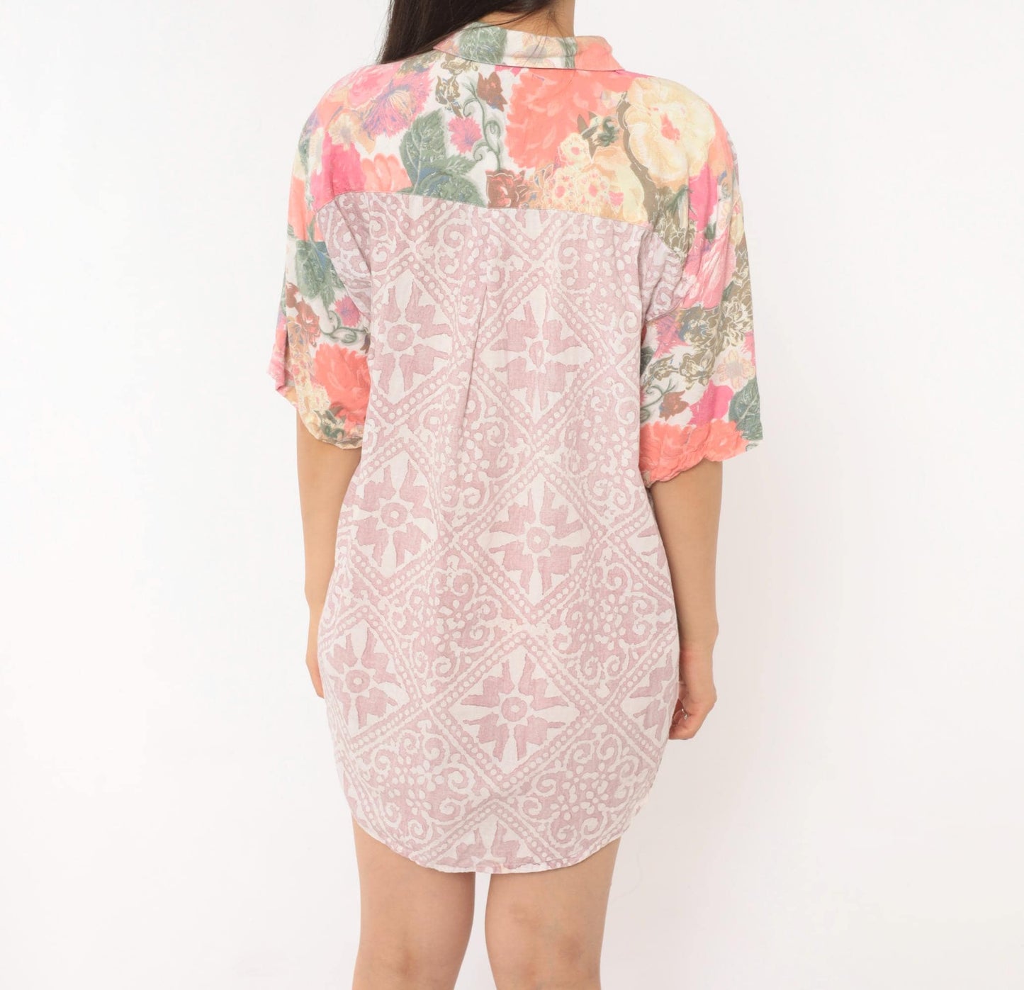 90s Hg Ny Floral Button Up Blouse Pink Cream Lace Trim Large L