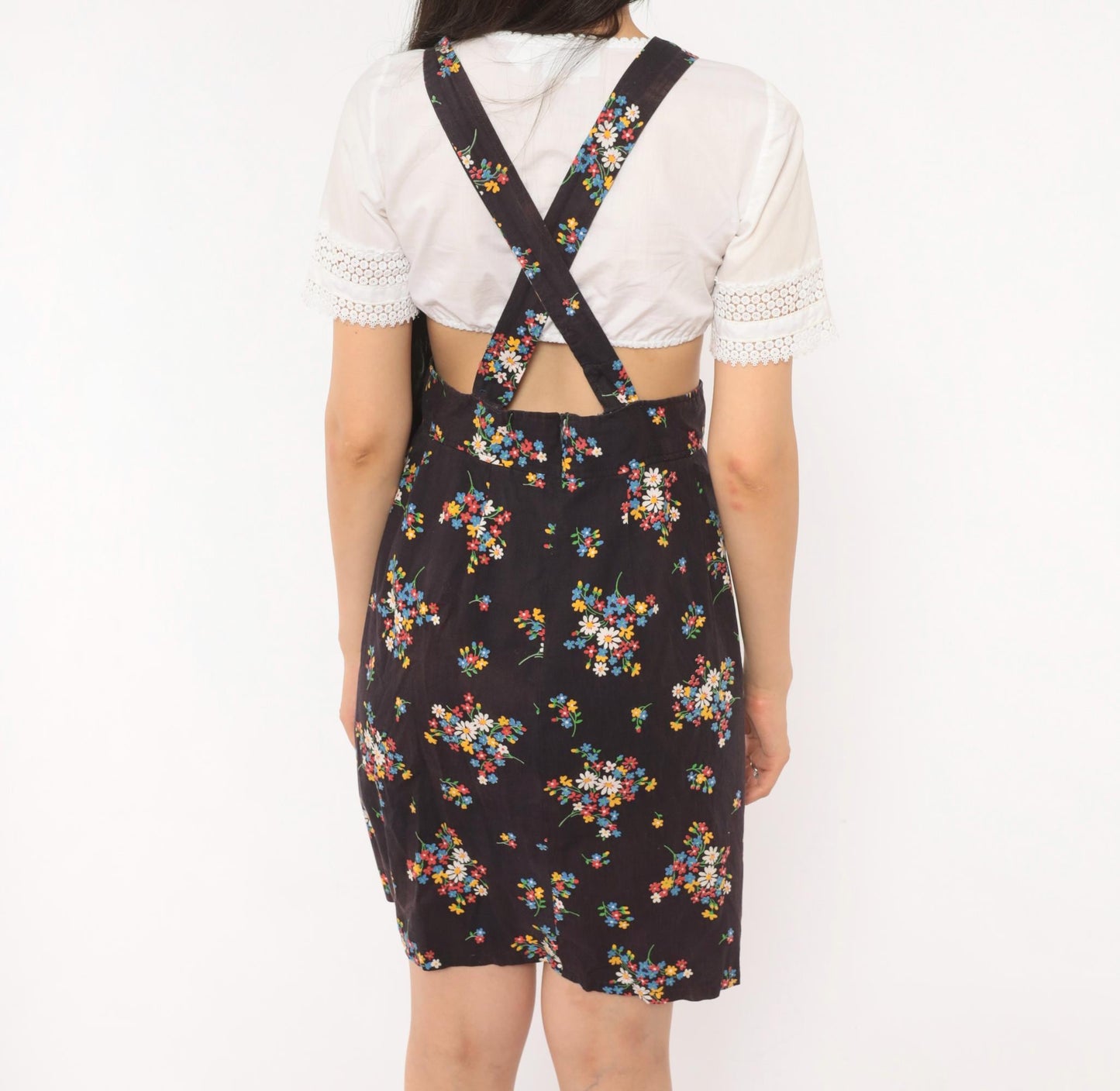 70s Black Floral Suspender Mini Dress Cotton Wildflower Print Small S