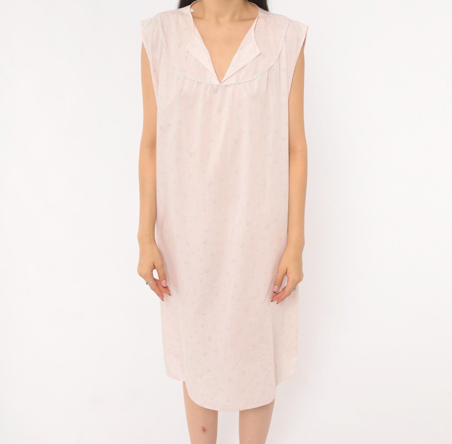 80s Pink Floral Sleeveless Nightgown Cotton V-Neck Knee-Length Extra Large