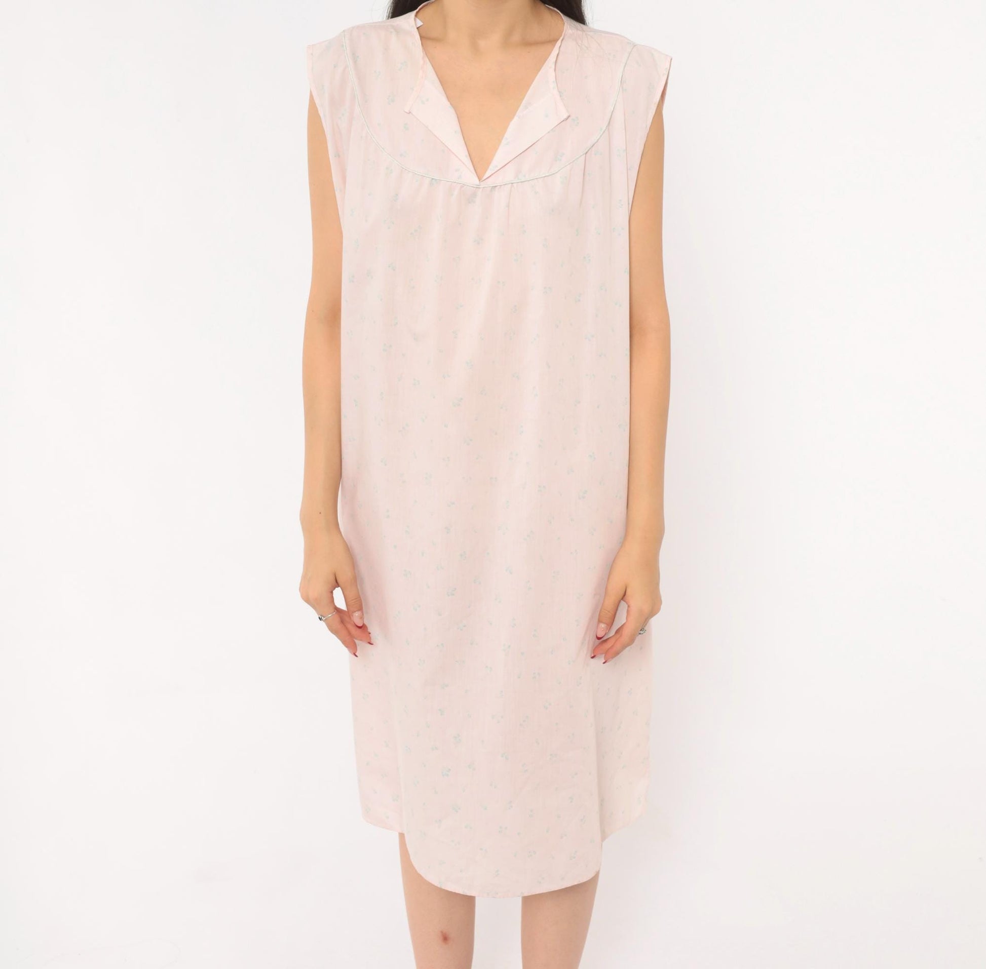 80s Pink Floral Sleeveless Nightgown Cotton V-Neck Knee-Length Extra Large