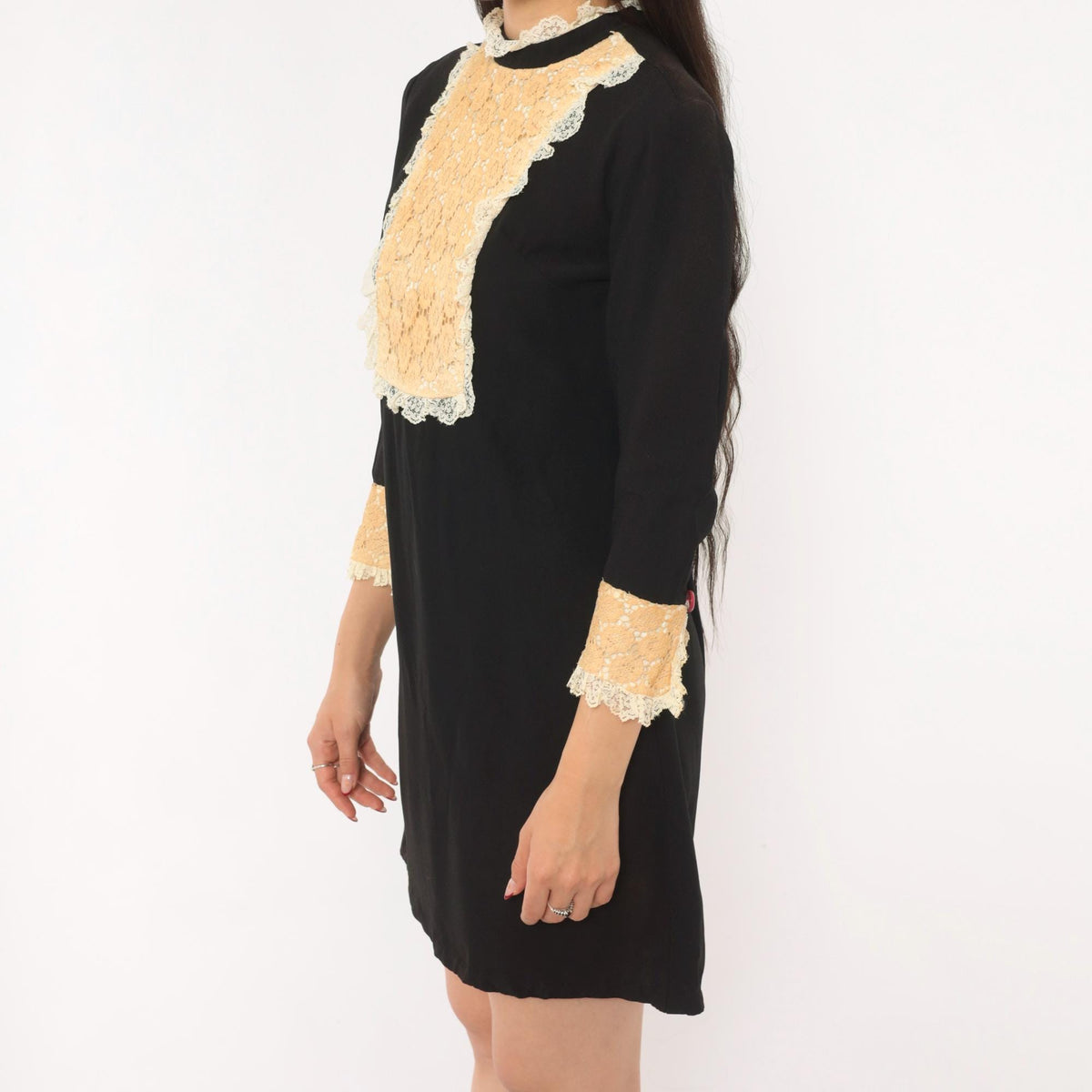 60s Black Mini Shift Dress Cream Lace Bib Mock Neck Ruffle Cuff Extra Small