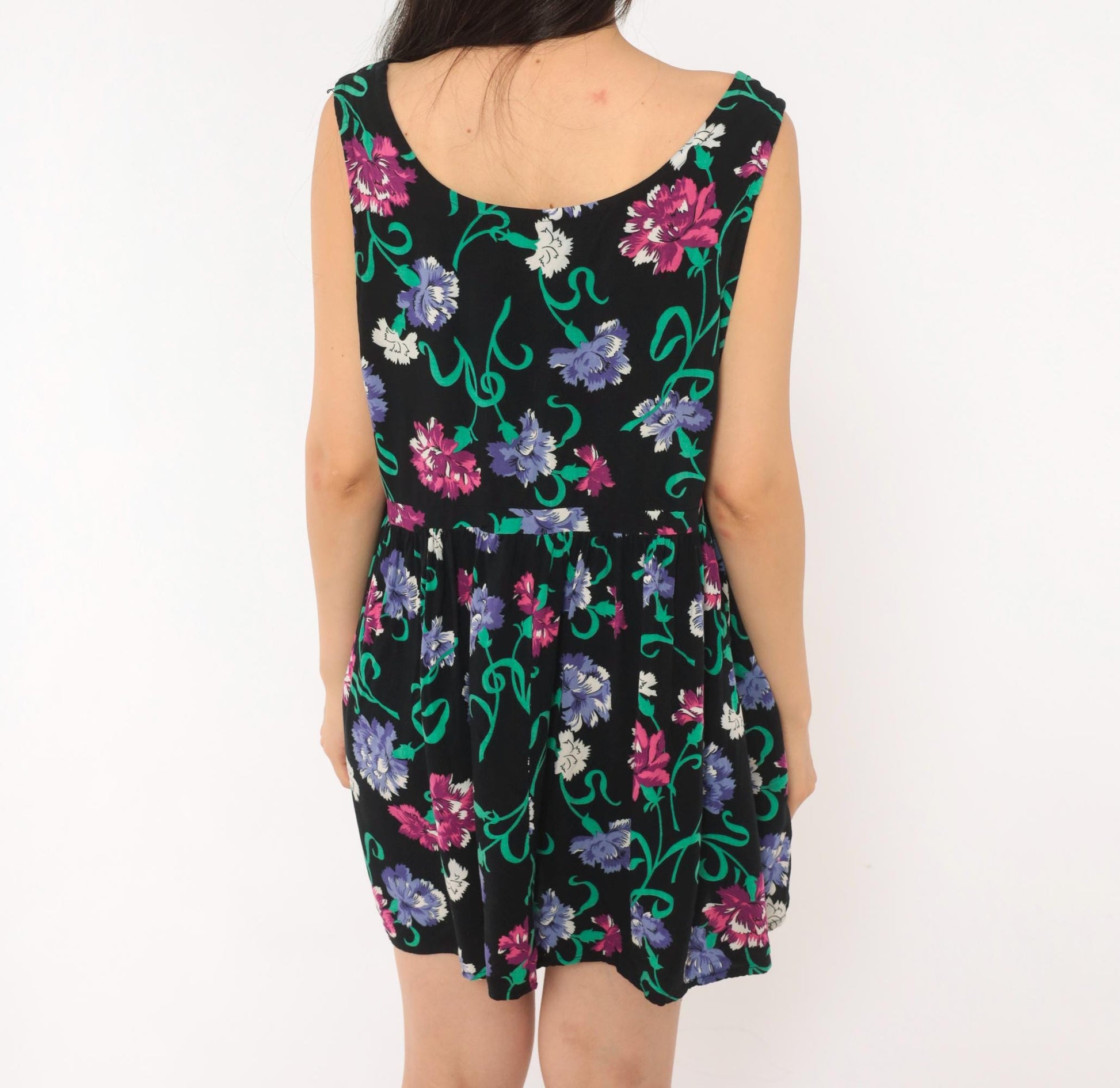 90s Katy D Floral Babydoll Mini Dress Black Empire Waist Scoop Neck Medium M