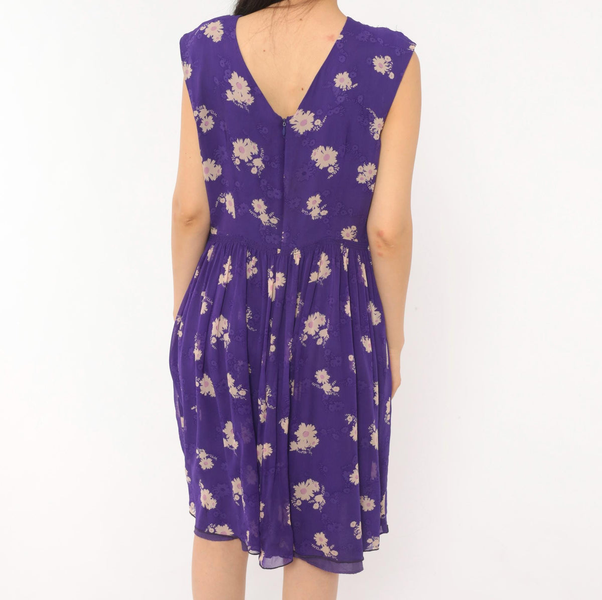 Anna Sui 2000s Purple Silk Dress Daisy Floral V-Neck Cap Sleeve Medium M