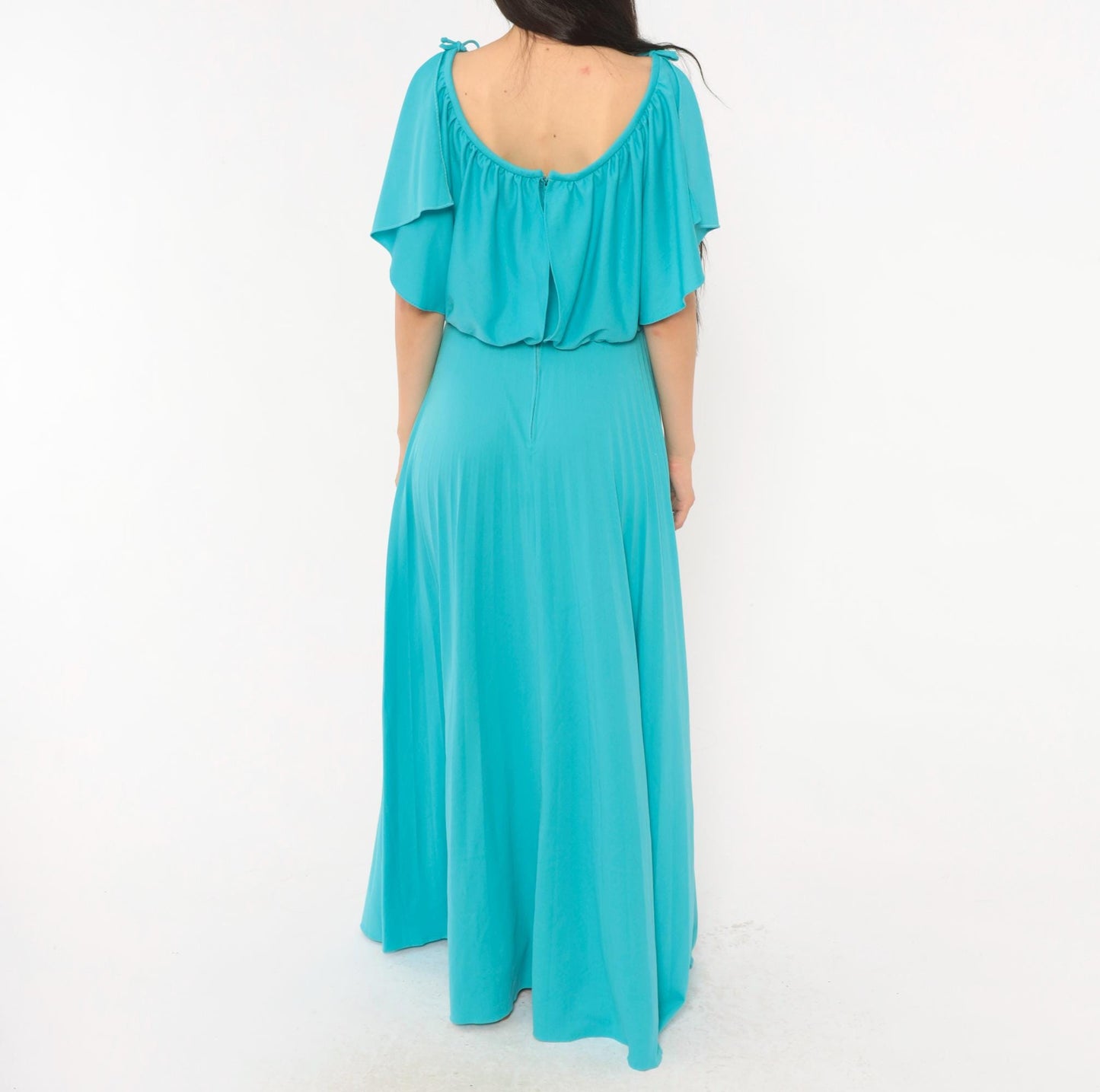 70s Turquoise Maxi Dress Cold Shoulder Flutter Sleeve Blouson Bodice Medium