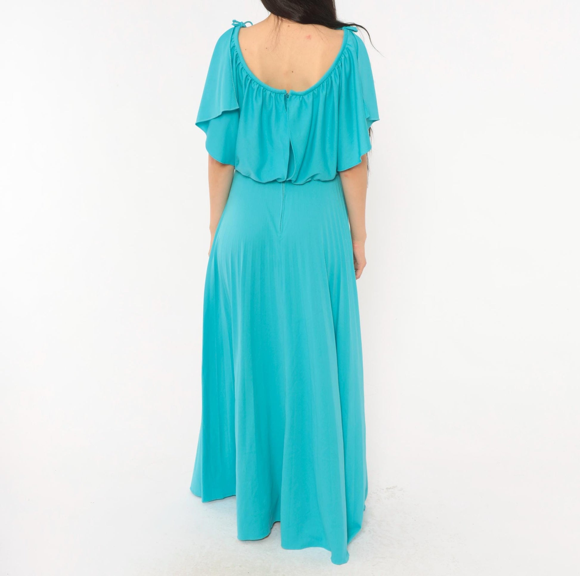 70s Turquoise Maxi Dress Cold Shoulder Flutter Sleeve Blouson Bodice Medium
