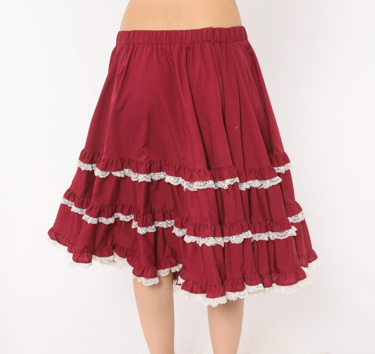80s Burgundy Tiered Prairie Skirt Cotton Lace Trim Full Circle Medium Large