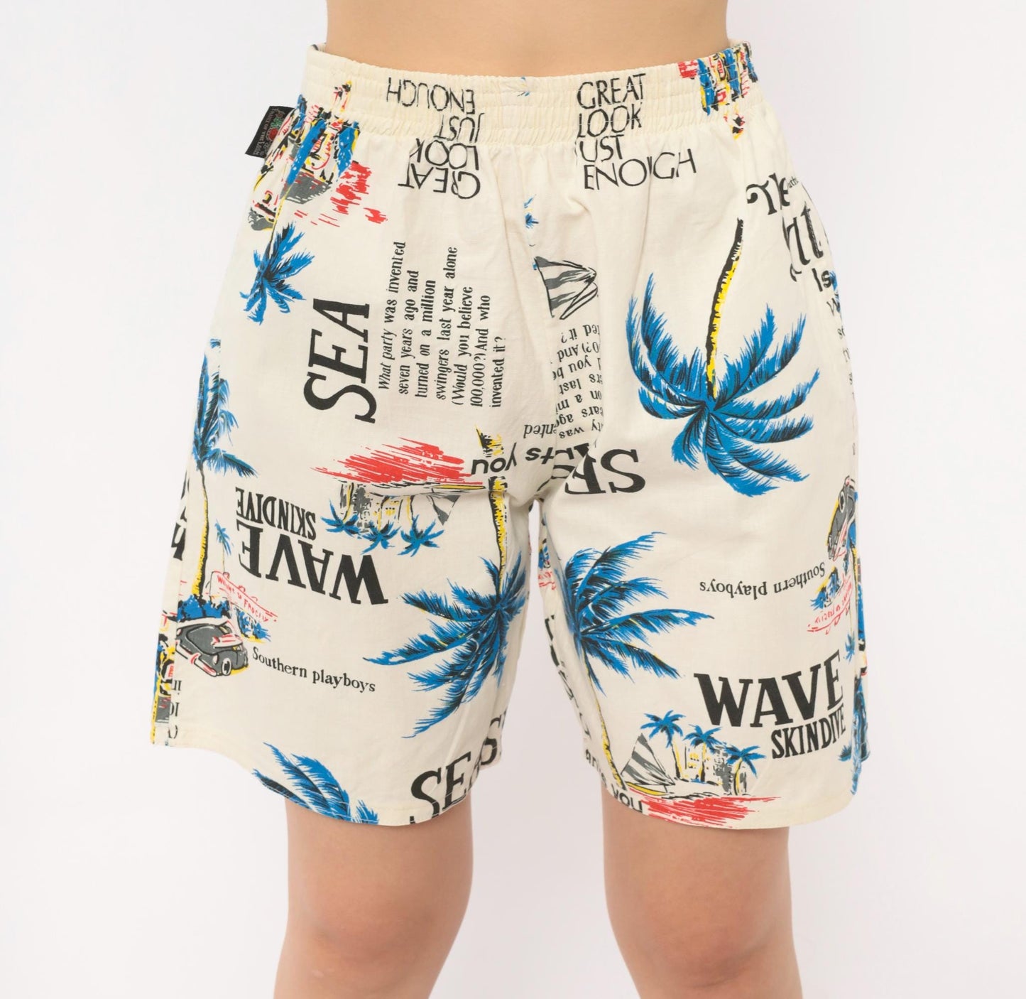 80s Altess Tropical Print Shorts Palm Tree Graphic Cream Blue Medium
