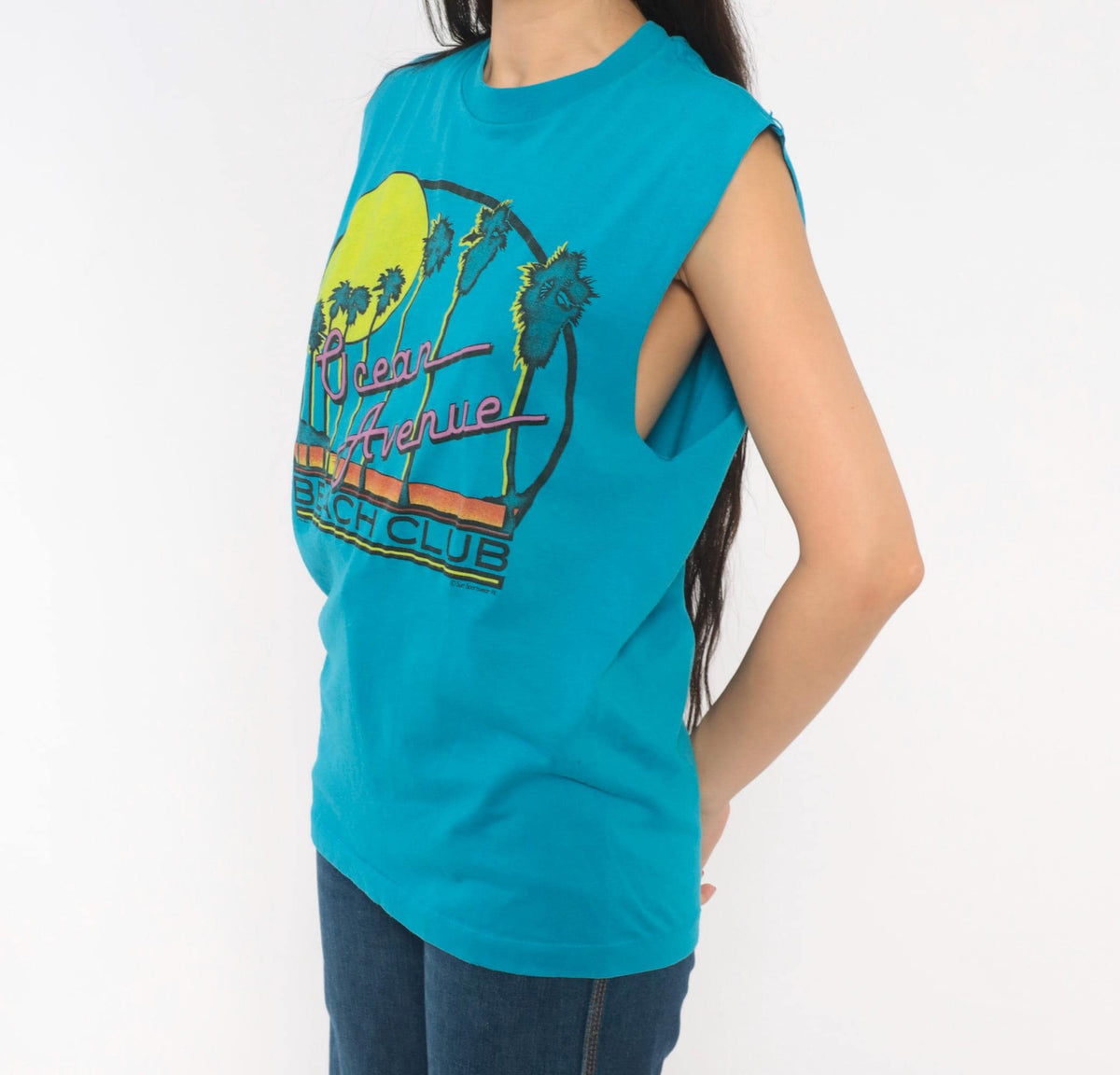 80s Chemise D'Sol Ocean Avenue Beach Club Teal Graphic Tee Palm Tree Sunset Small