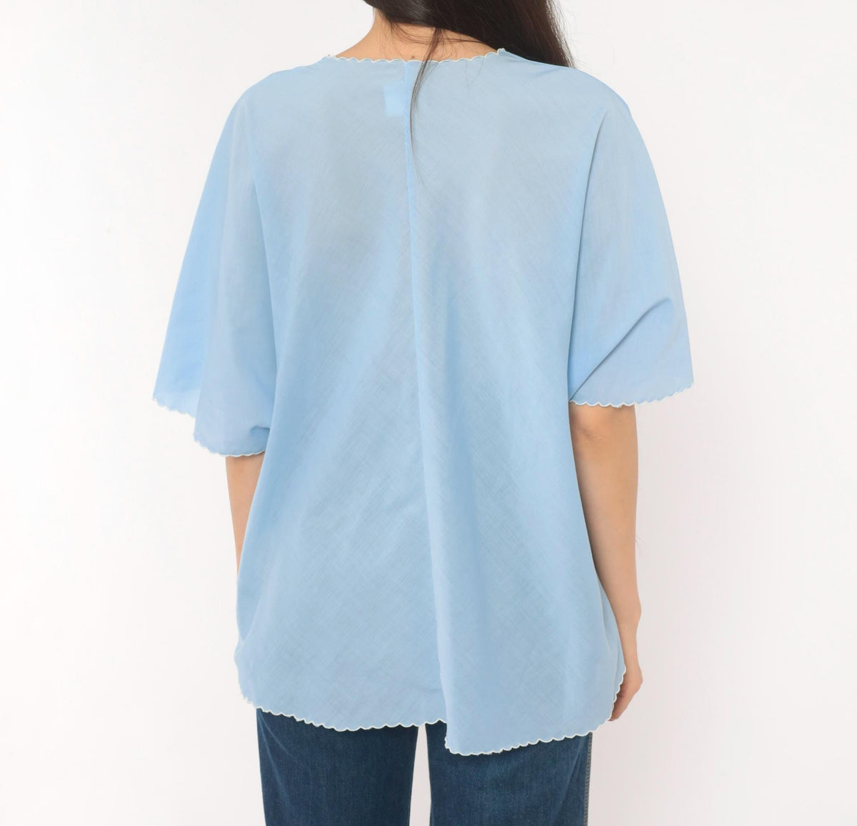 80s Sky Blue Cotton Peasant Blouse Embroidered Floral V Neck Flutter Sleeve Medium Large
