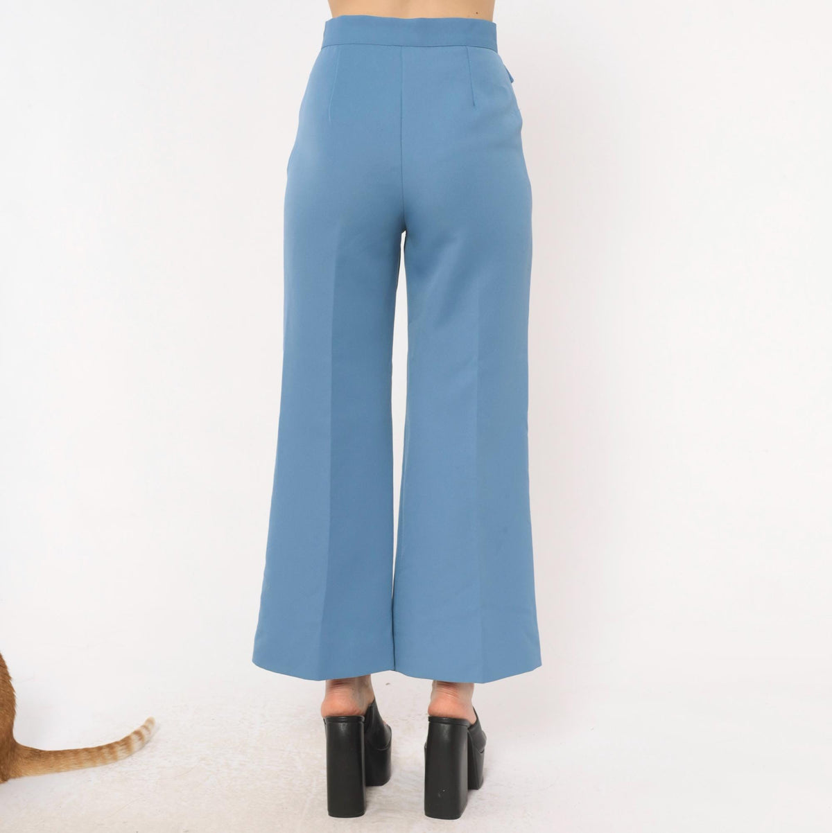 70s Steel Blue High Waisted Wide Leg Flare Trousers Cropped Ankle Extra Small XS