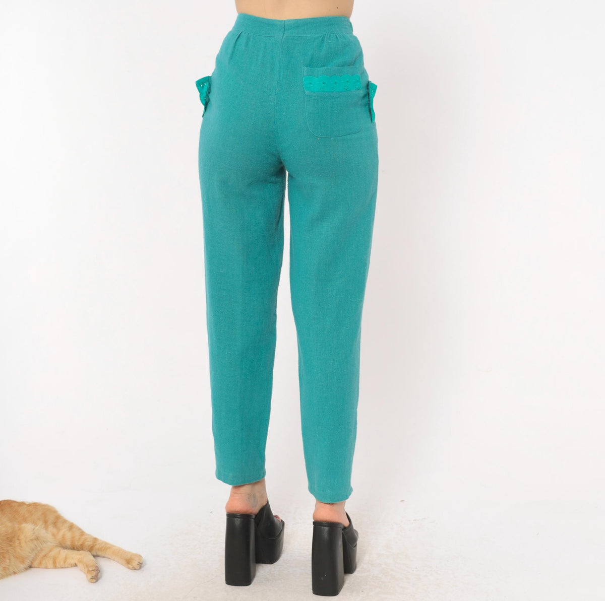 80s Teal High-Waist Pleated Tapered Trousers Eyelet Pockets Extra Small XS