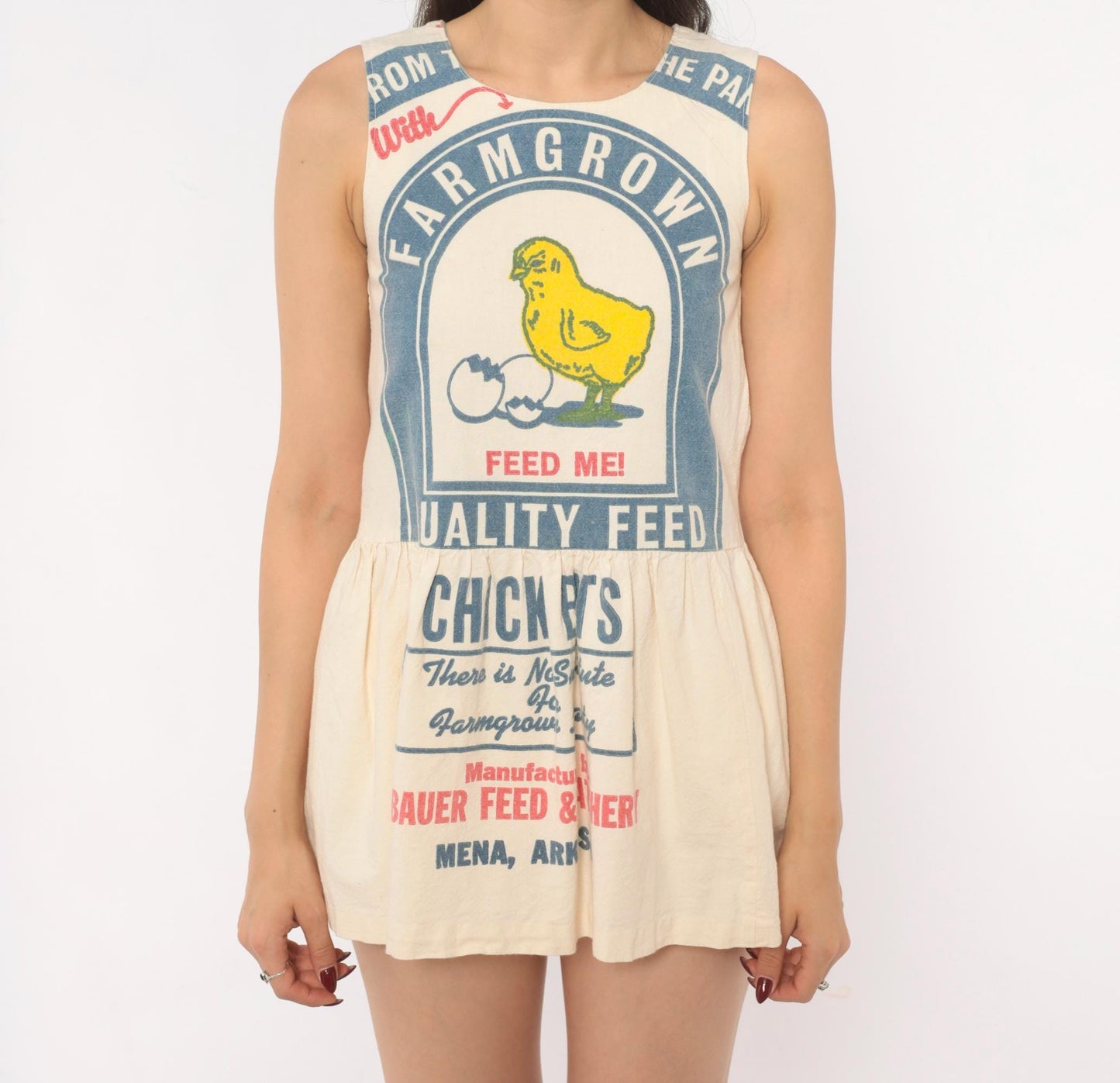 70s Chicken Feed Sack Mini Dress Cotton Cream Yellow Graphic XXS