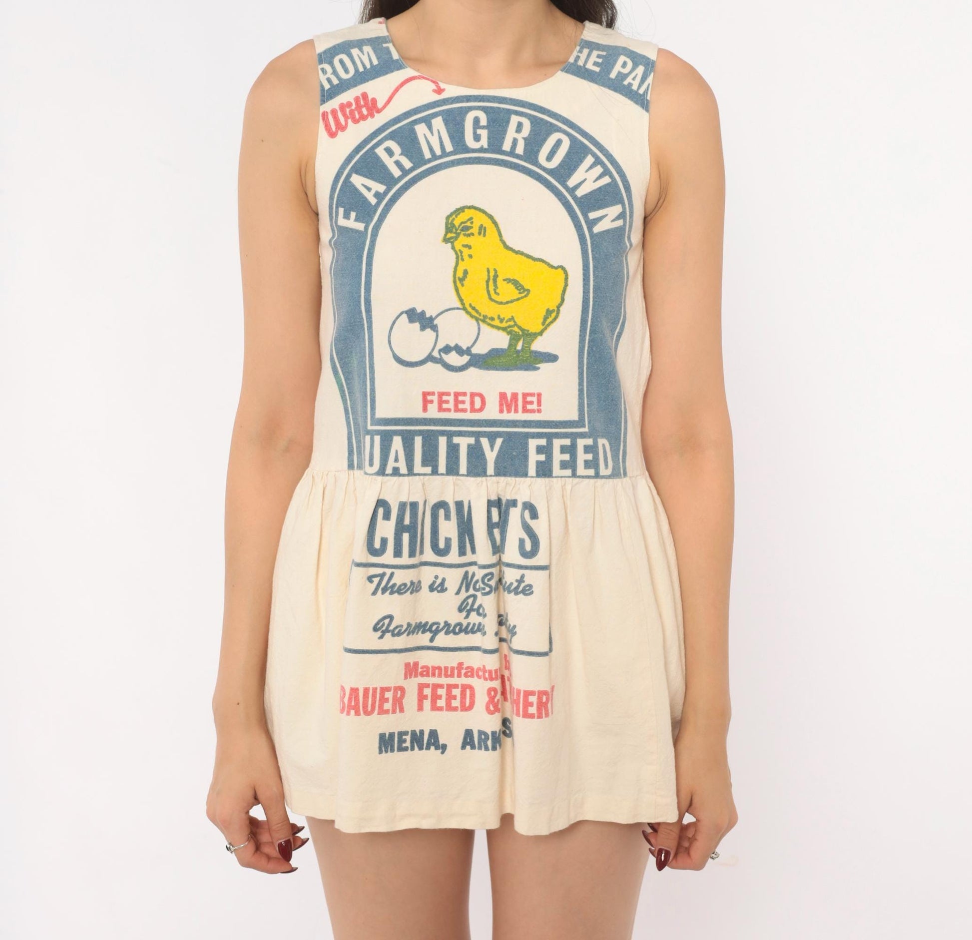 70s Chicken Feed Sack Mini Dress Cotton Cream Yellow Graphic XXS