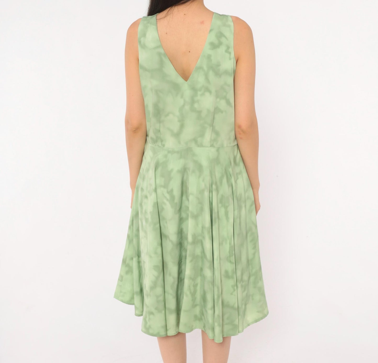 80s Sage Mint Tie Dye Sleeveless V-Neck Dress Pleated Knee Length Large
