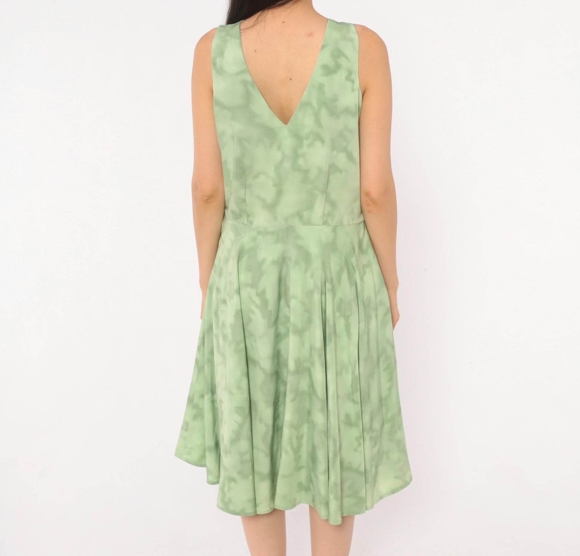 80s Sage Mint Tie Dye Sleeveless V-Neck Dress Pleated Knee Length Large