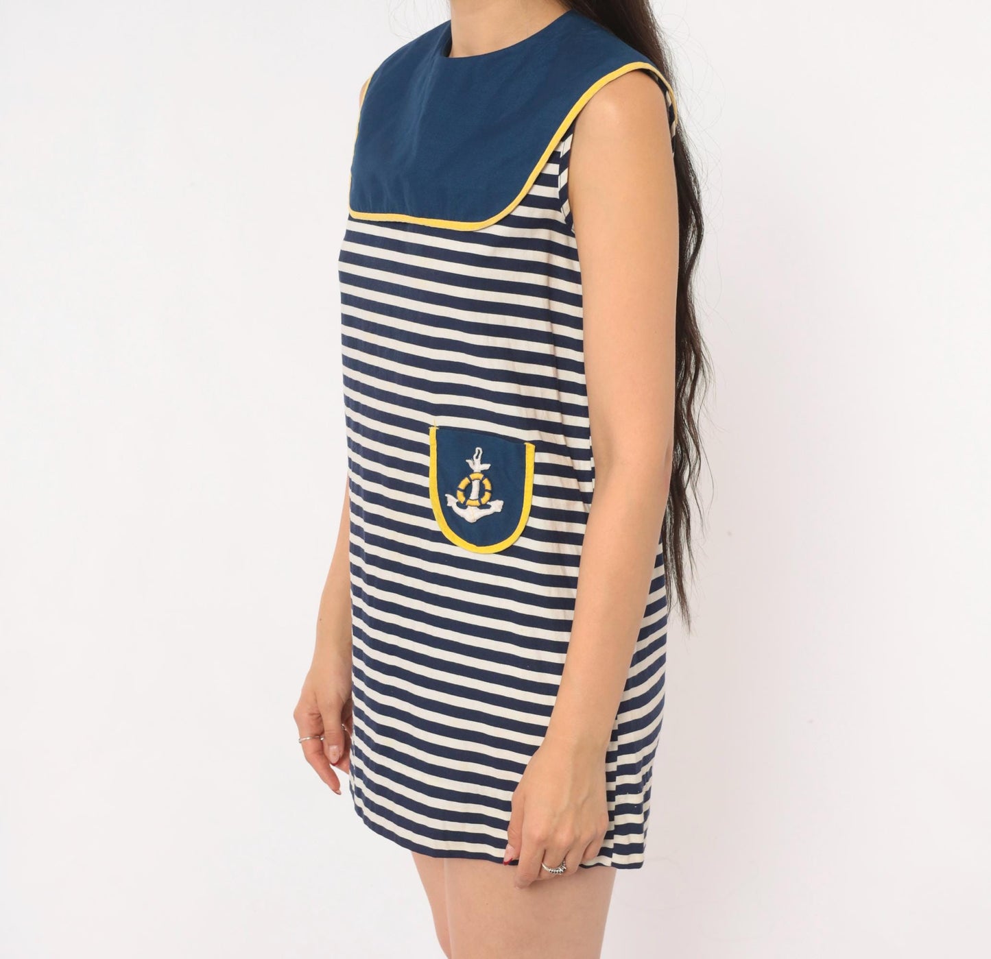 60s Nautical Mini Sailor Dress Navy White Striped Cotton Anchor Embroidered XS