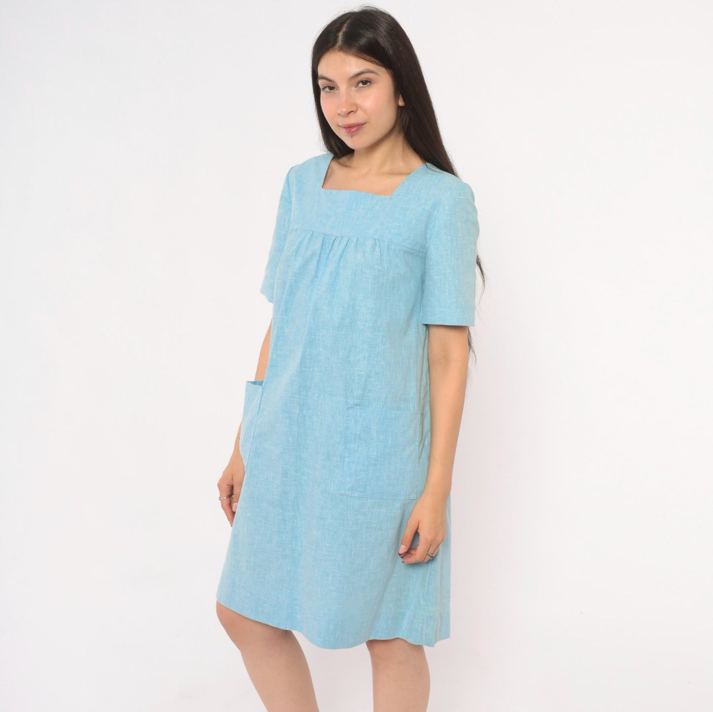 70s Sky Blue Cotton Dress Square Neck Puff Sleeve Bird Floral Print Small