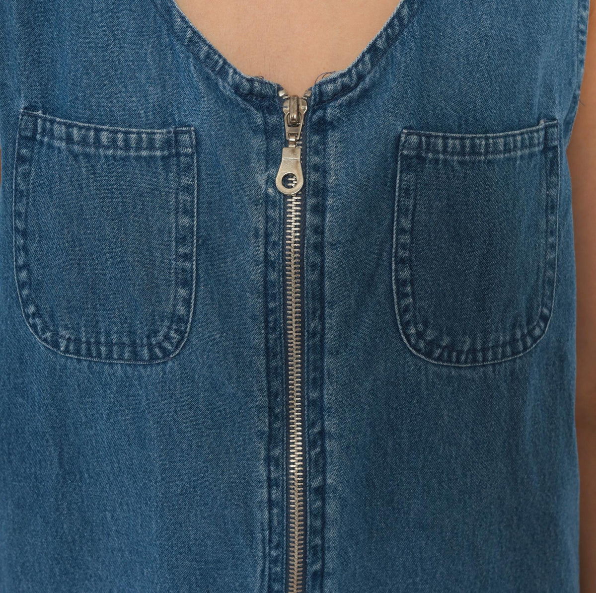 90s Premier Denim Jumper Dress Zip Front Mini Blue Cotton Medium M