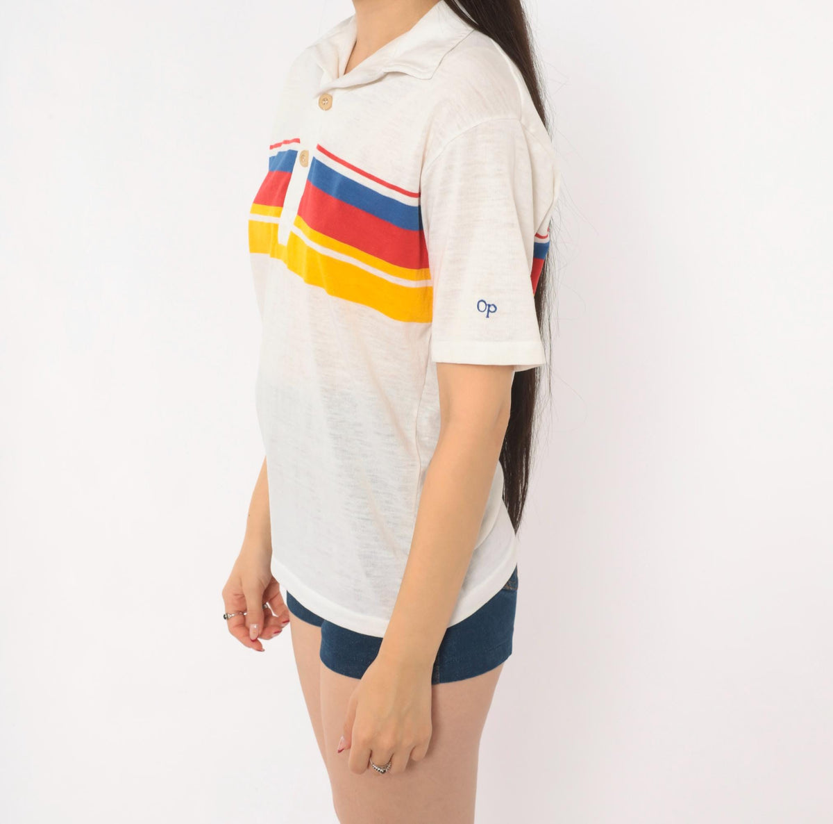 80s Ocean Pacific Polo Striped Chest Band Cotton Surf Collared Tee Small S