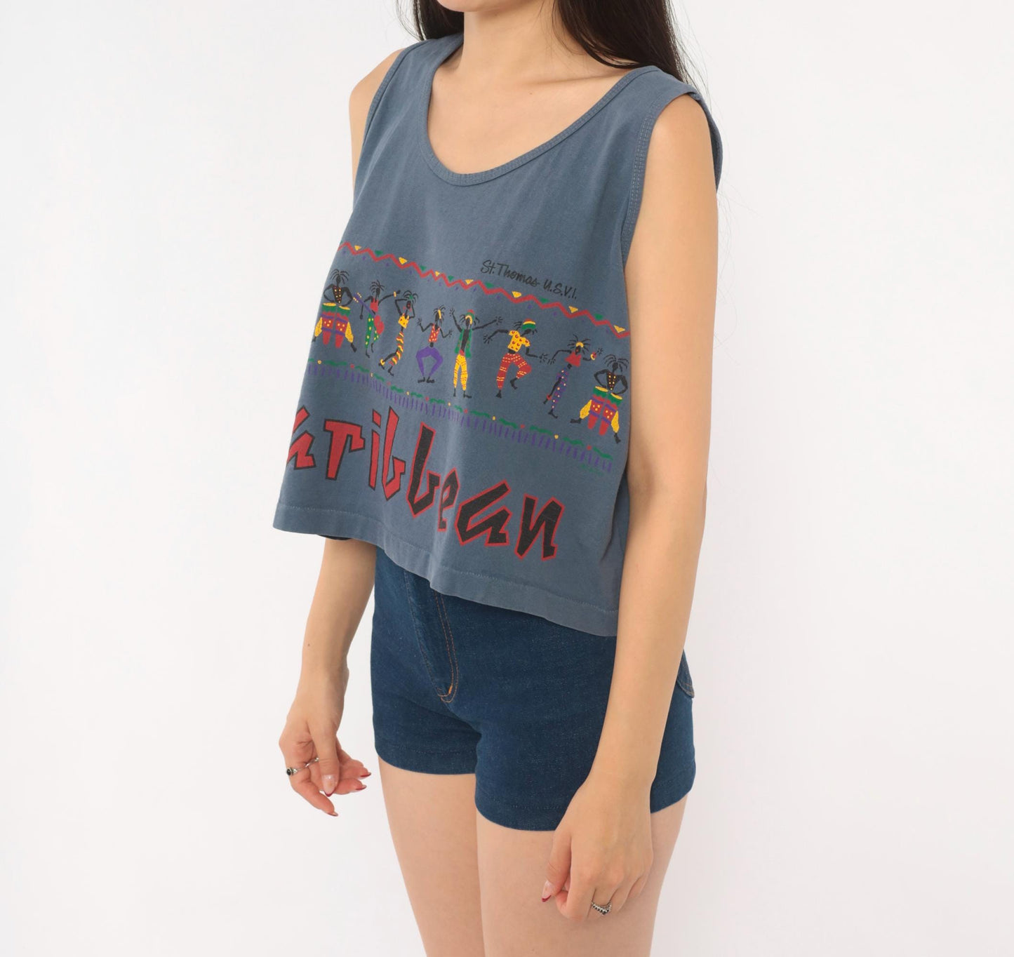 90s Alore Caribbean Dancer Crop Tank St Thomas Blue Cotton Medium