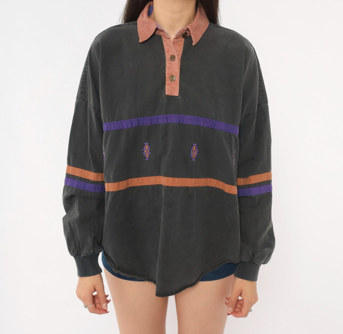 90s Roper Southwestern Rugby Polo Grey Purple Stripe Embroidered Medium M