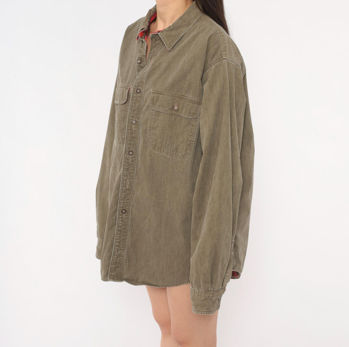 90s L.L.Bean Flannel Lined Work Shirt Olive Denim Cotton Button Front Extra Large XL