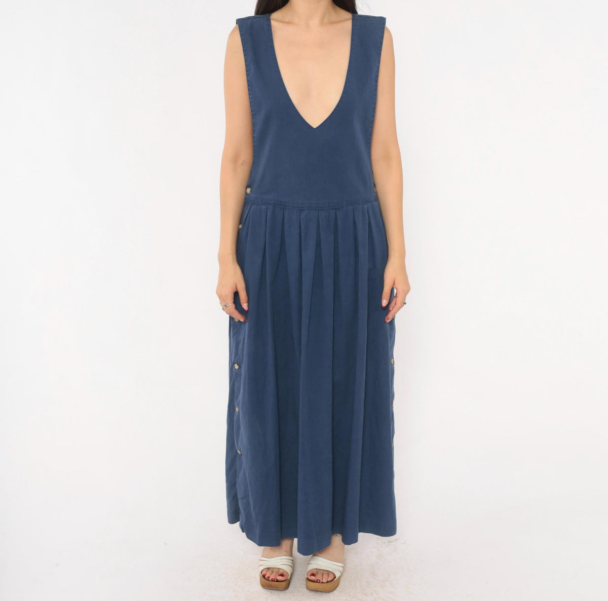 80s Fenwick Navy Cotton Jumper Dress Deep V Maxi Pleated Medium M