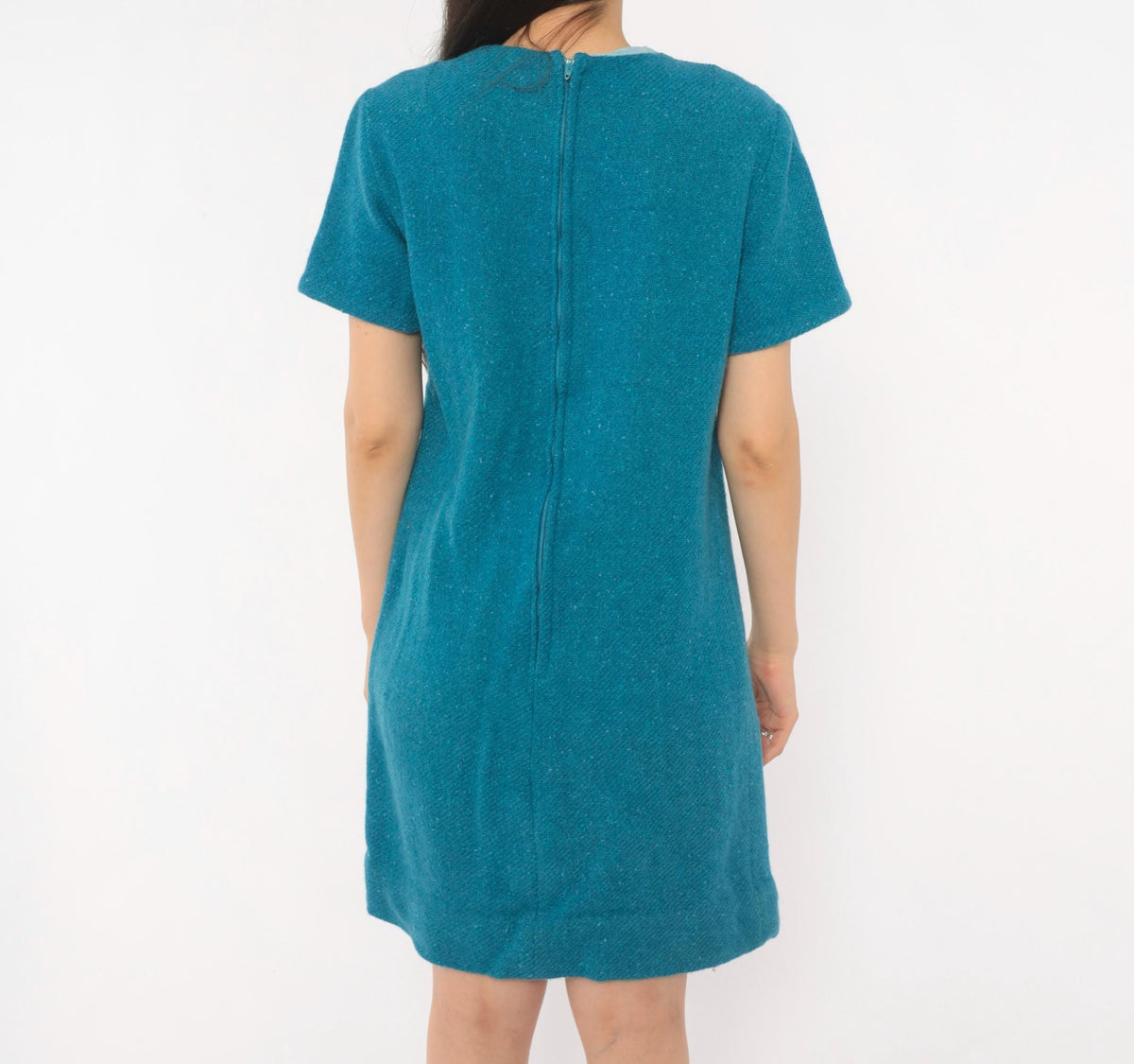 1960s Teal Wool Shift Dress Cream Bib Panel Lace Trim Knee Length Small