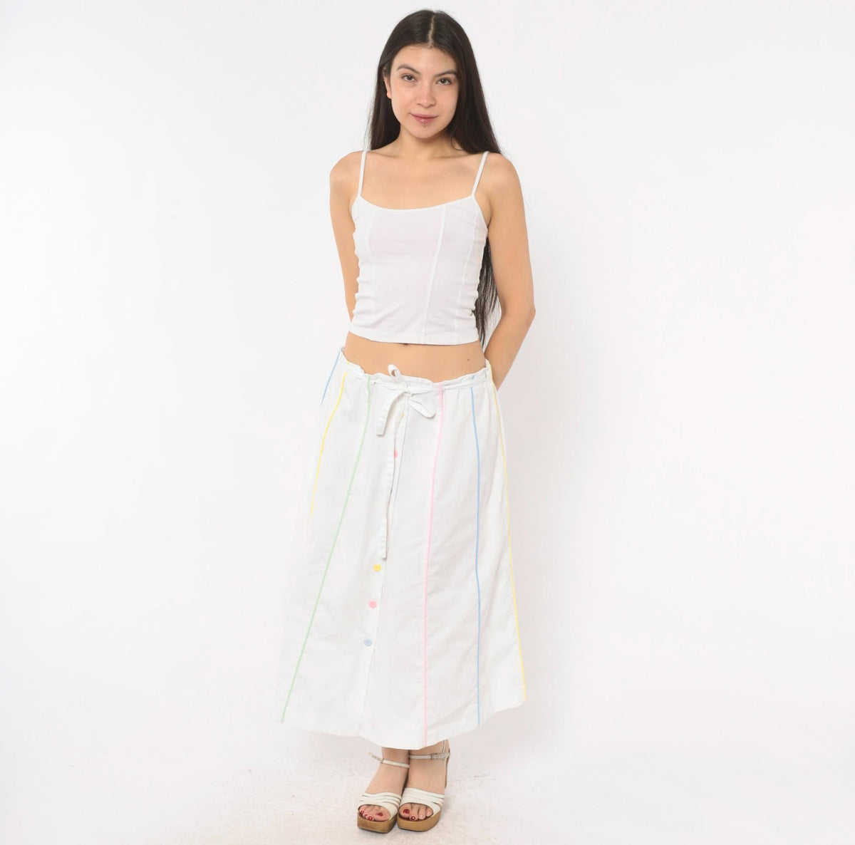 80s Sanibel White Cotton A-Line Midi Skirt Pastel Rainbow Button Front Medium
