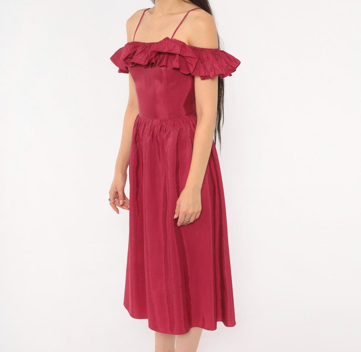 80s Raspberry Off-Shoulder Midi Dress Ruffle Gathered Skirt Extra Small