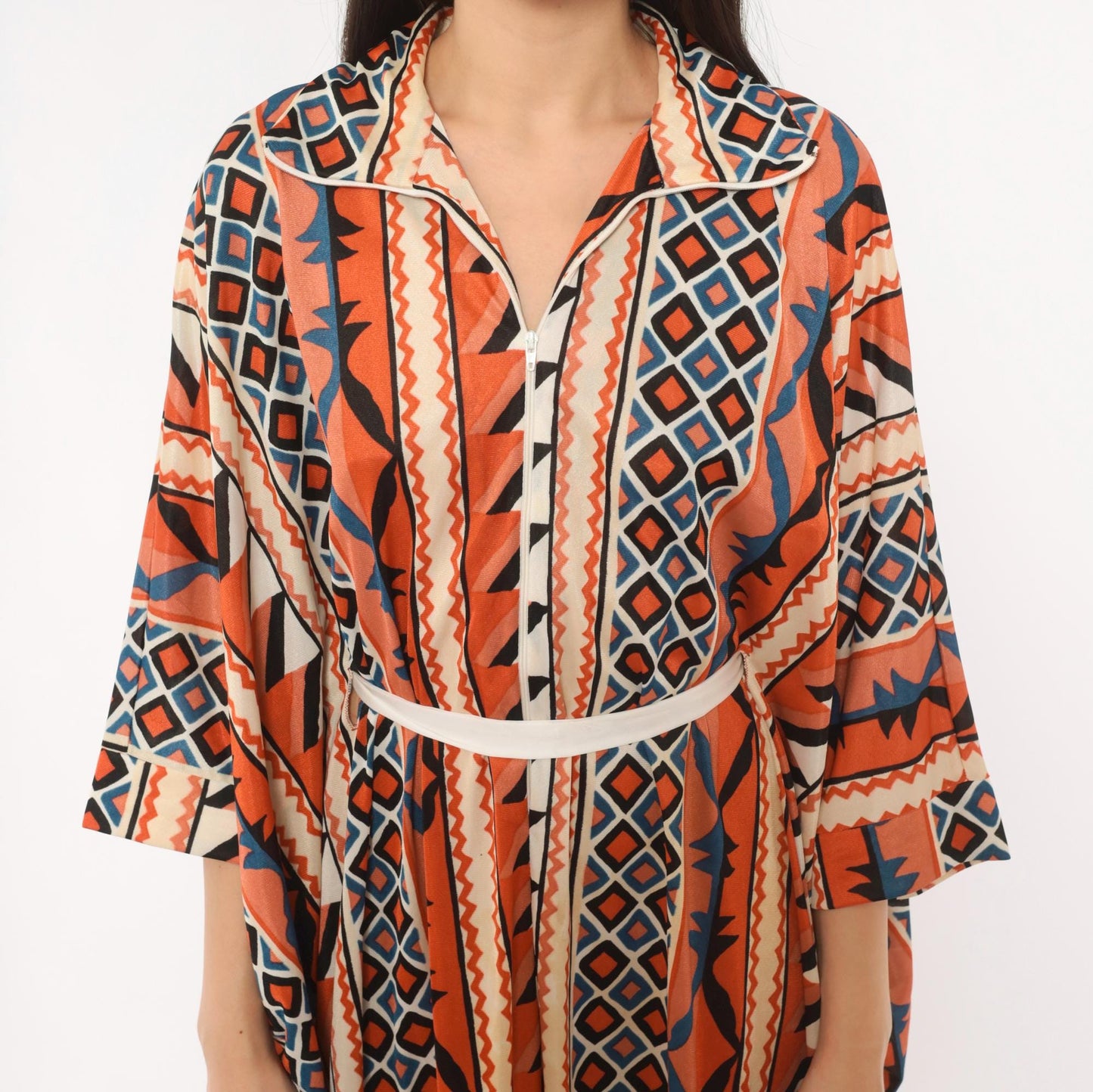70s Le Voys Aztec Caftan Maxi Dress Orange Cream Blue Geometric Tribal Stripe One Size