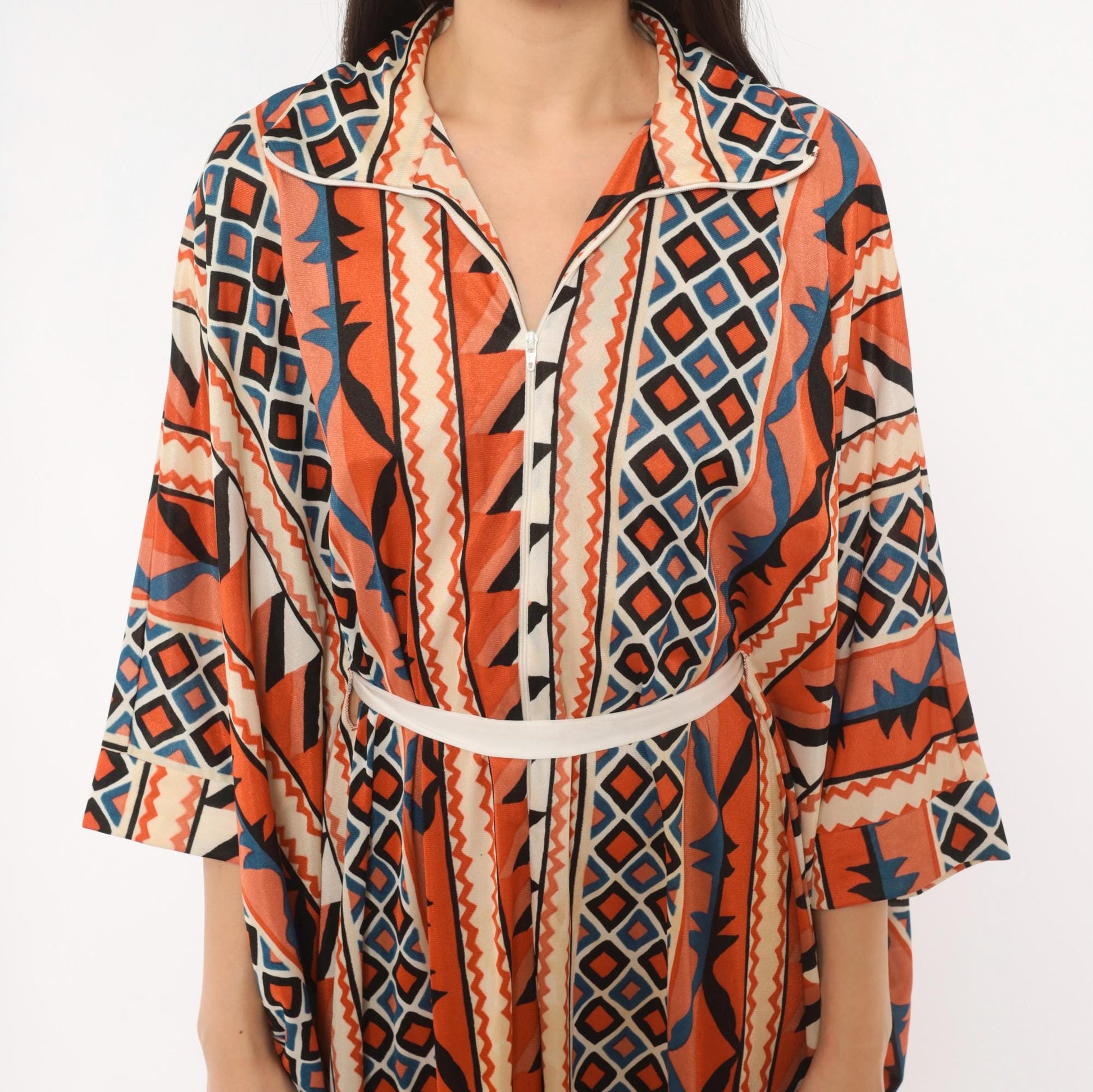 70s Le Voys Aztec Caftan Maxi Dress Orange Cream Blue Geometric Tribal Stripe One Size