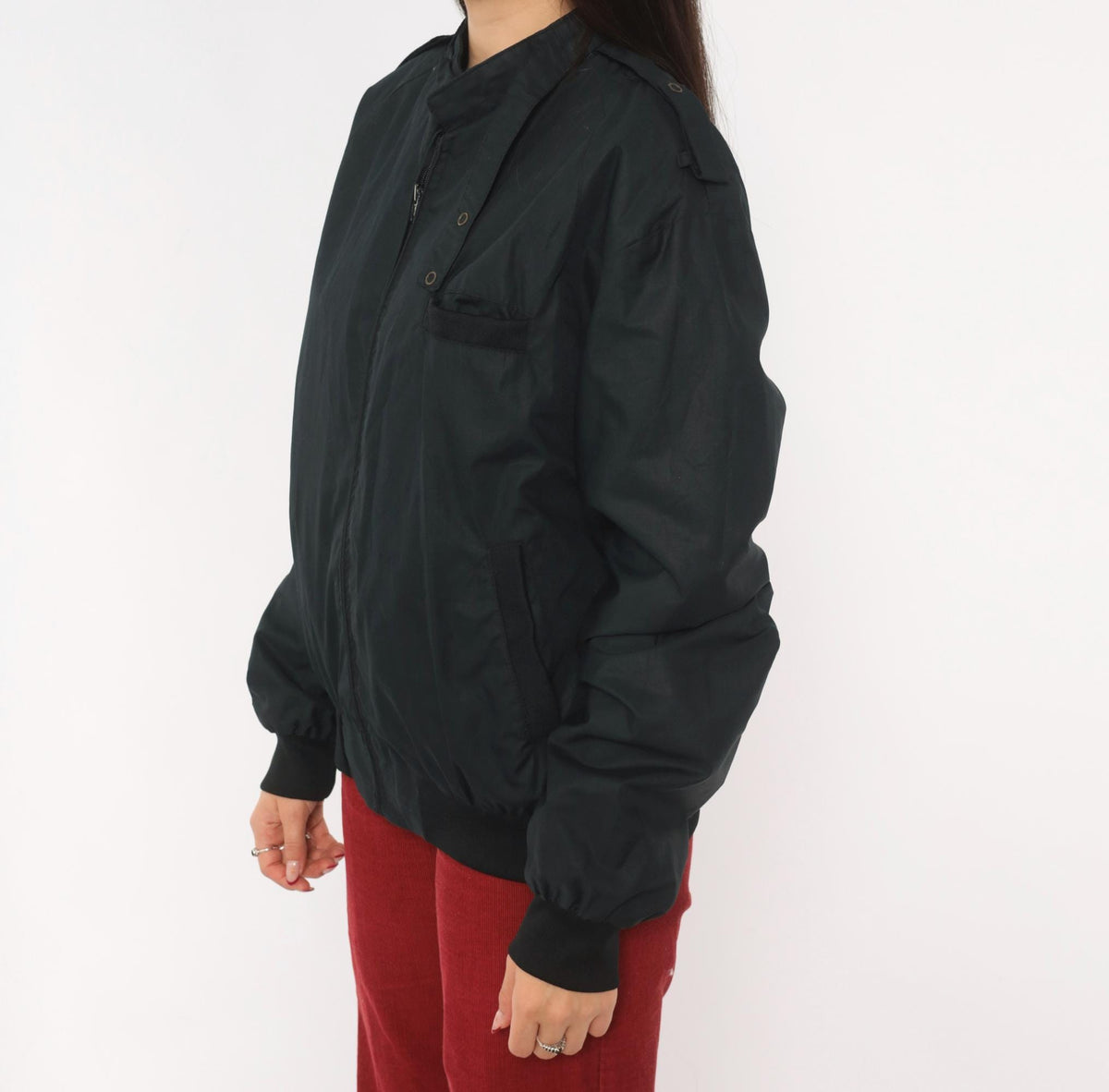 90s Black Bomber Jacket Zip Front Epaulette Military Windbreaker Medium