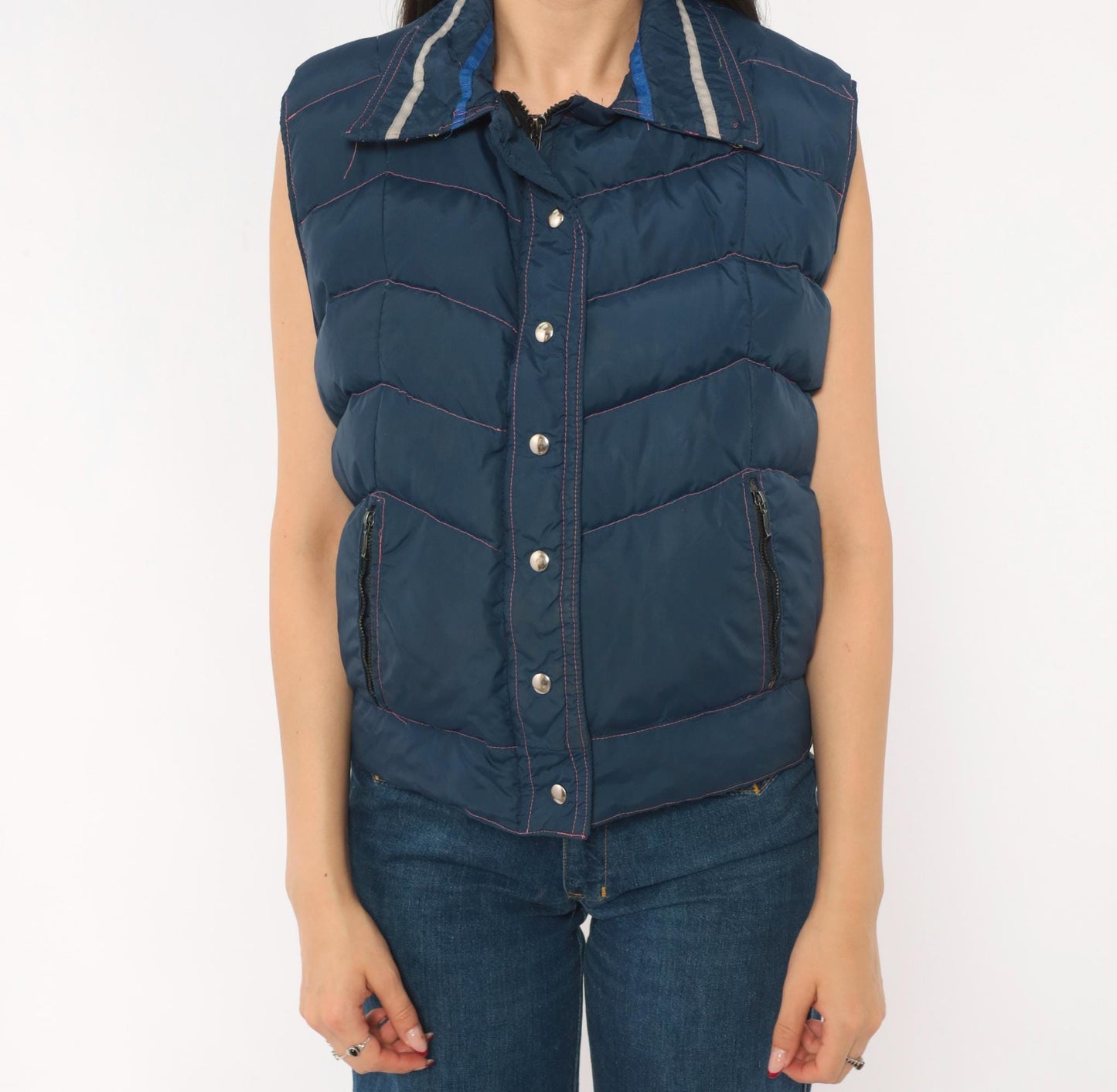 80s Frostline Kit Navy Puffer Vest Chevron Quilted Snap Front Small